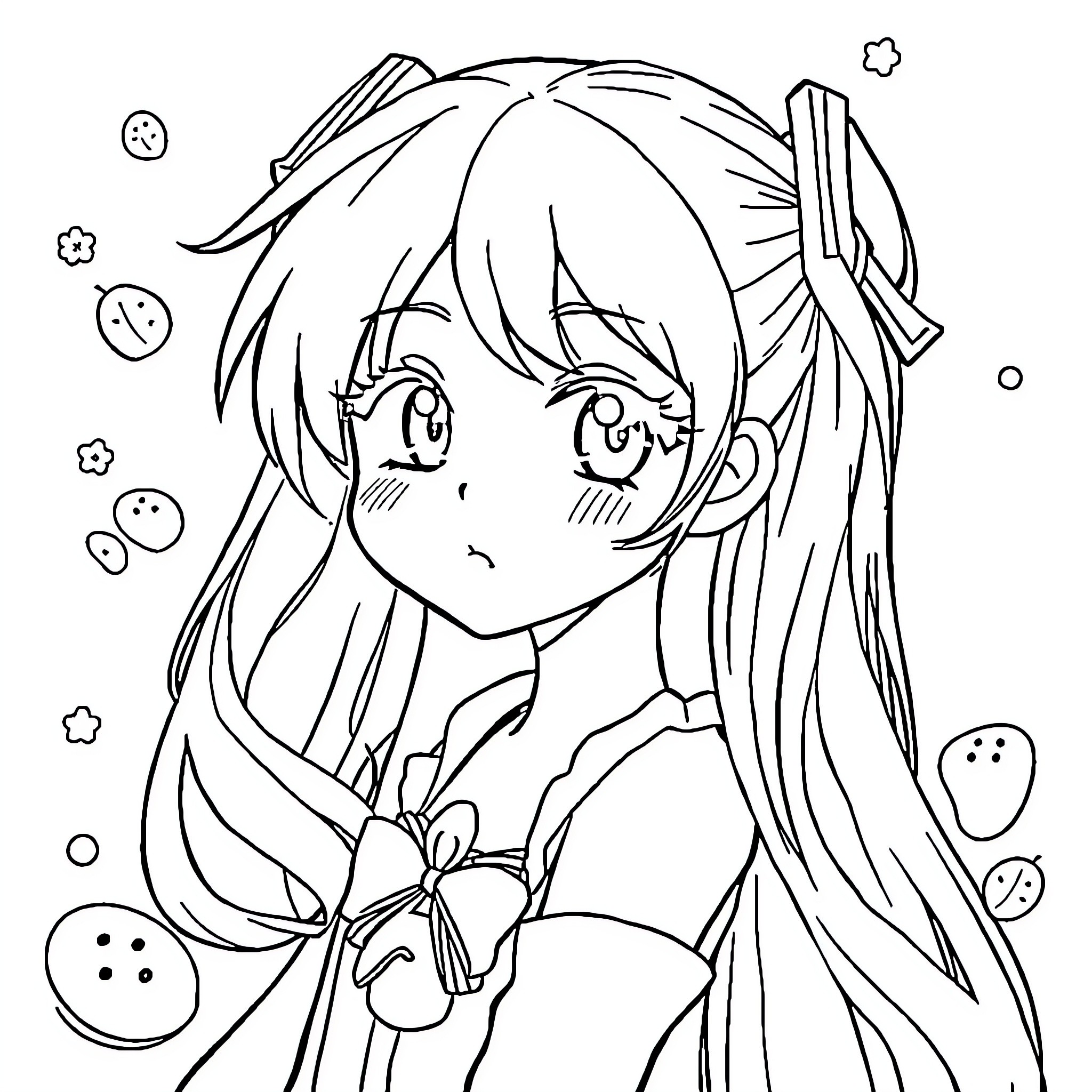 Miku's Whimsical Expression and Accessories Coloring Page (free black-and-white line drawing printable PDF for all, from beginners to advanced learners, including children, teens, adults, and seniors)