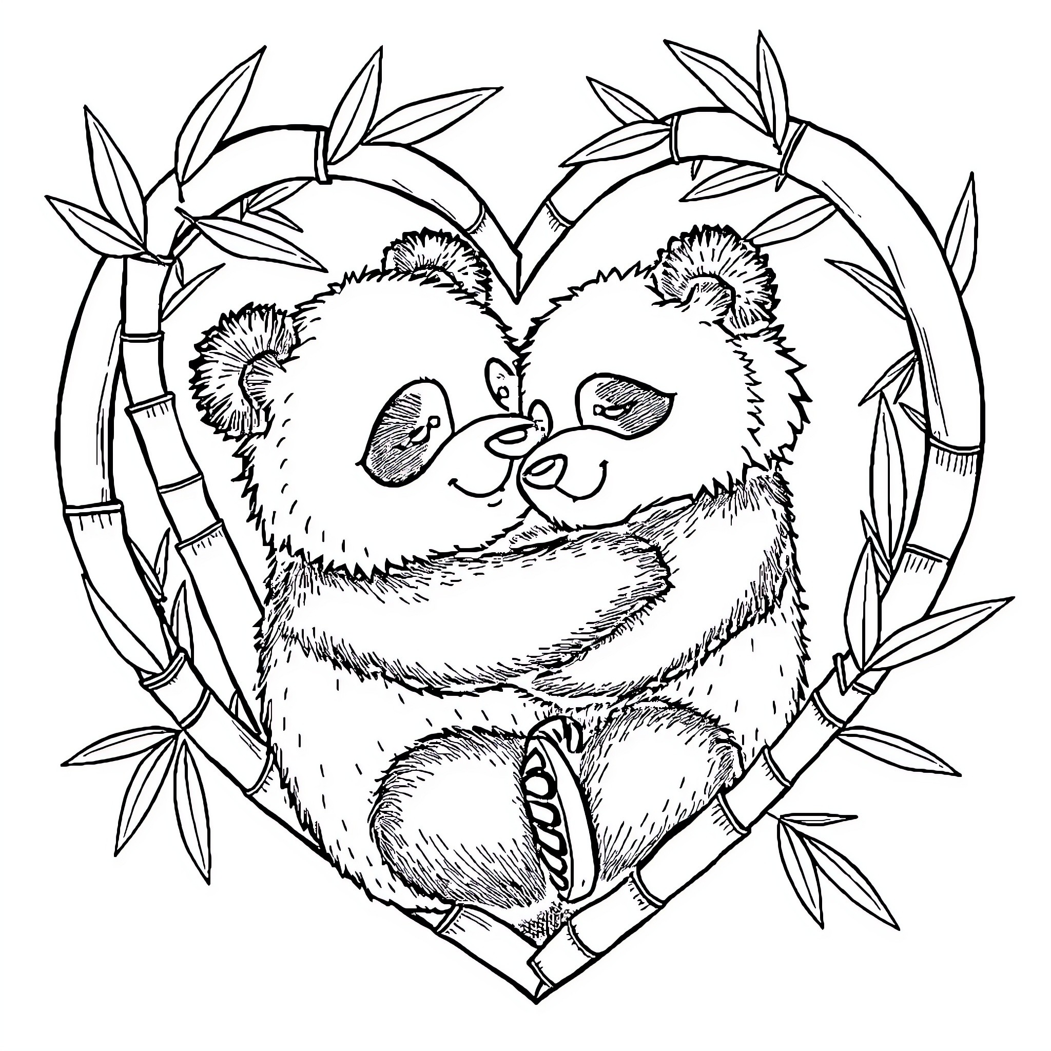 Panda cuddling in heart-shaped bamboo Coloring Page (free black-and-white line drawing printable PDF for all, from beginners to advanced learners, including children, teens, adults, and seniors)