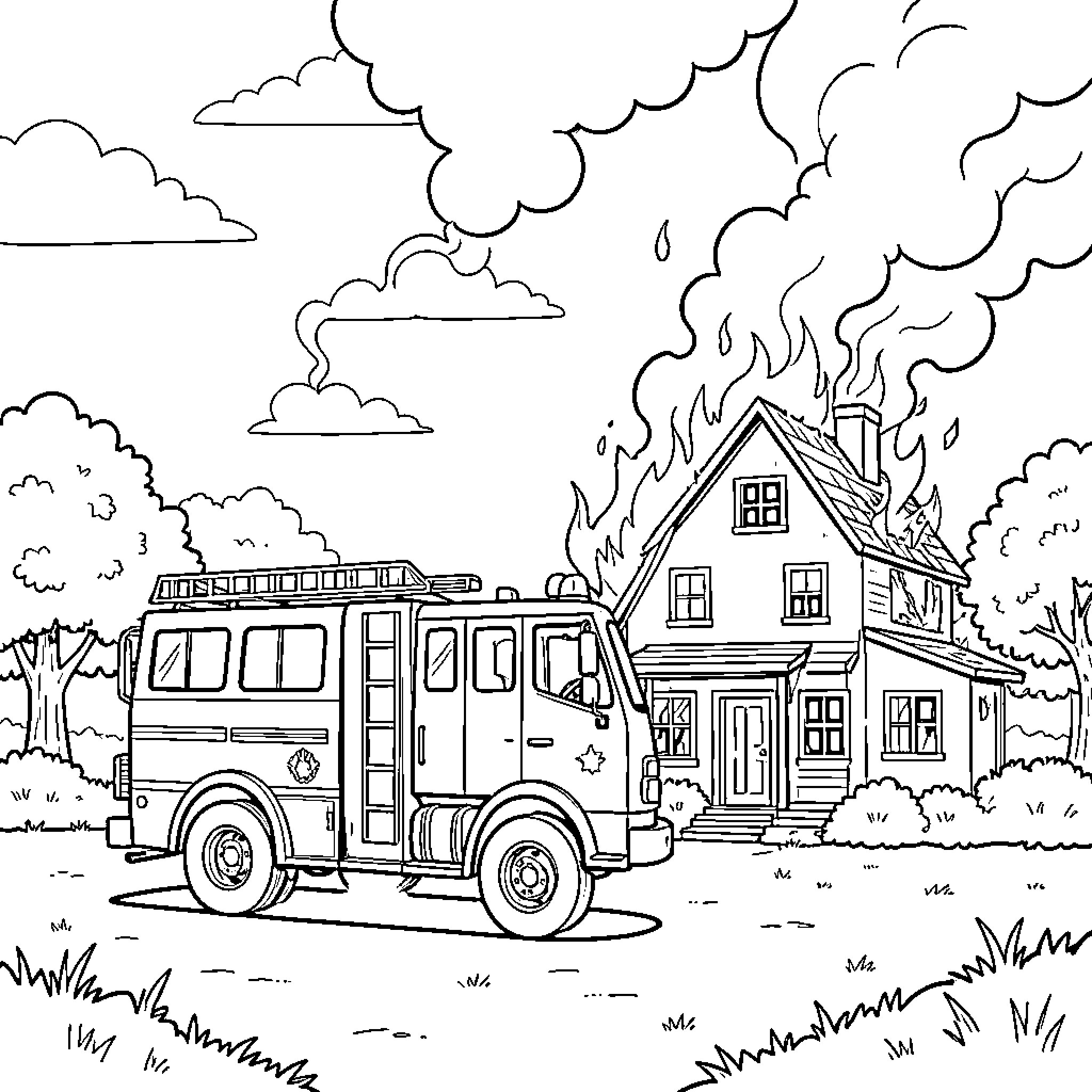Camion de Pompier responding to a house fire Coloring Page (free black-and-white line drawing printable PDF for all, from beginners to advanced learners, including children, teens, adults, and seniors)