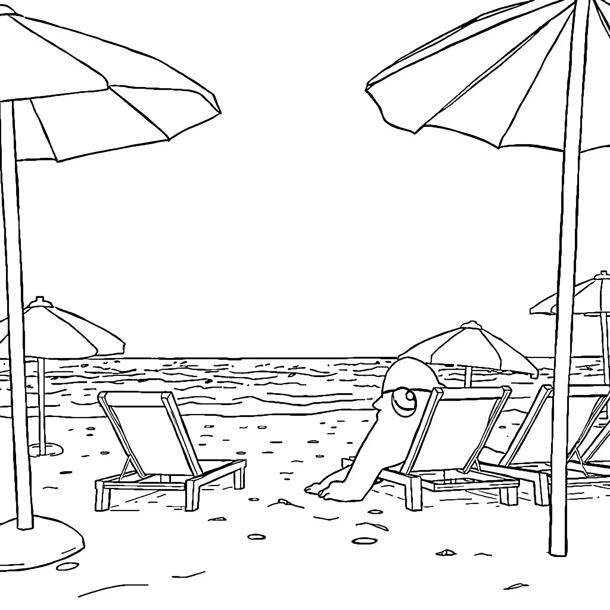 Creeper lounging on beach chairs under umbrellas Coloring Page (free black-and-white line drawing printable PDF for all, from beginners to advanced learners, including children, teens, adults, and seniors)