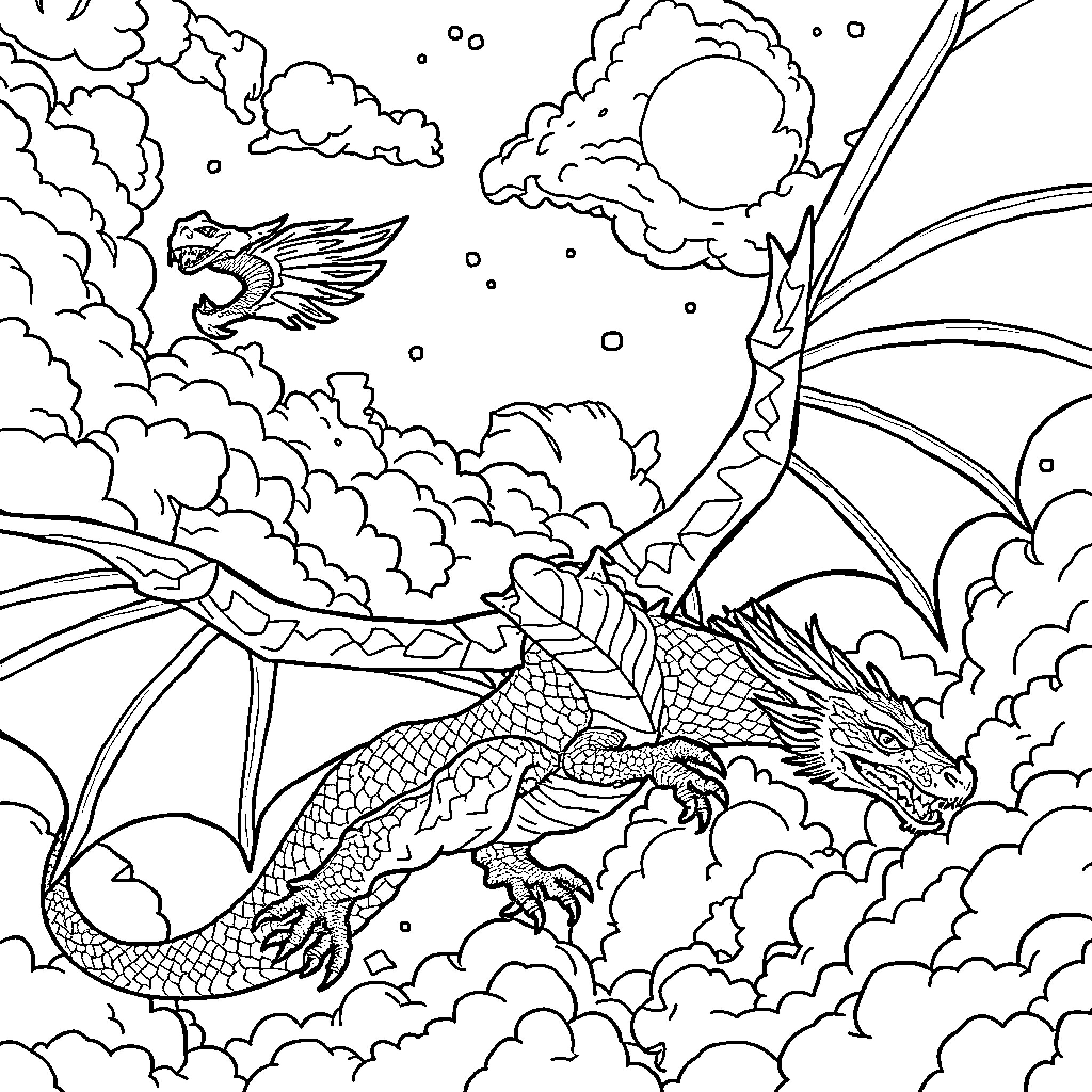 Dragon soaring through cloudy skies Coloring Page (free black-and-white line drawing printable PDF for all, from beginners to advanced learners, including children, teens, adults, and seniors)