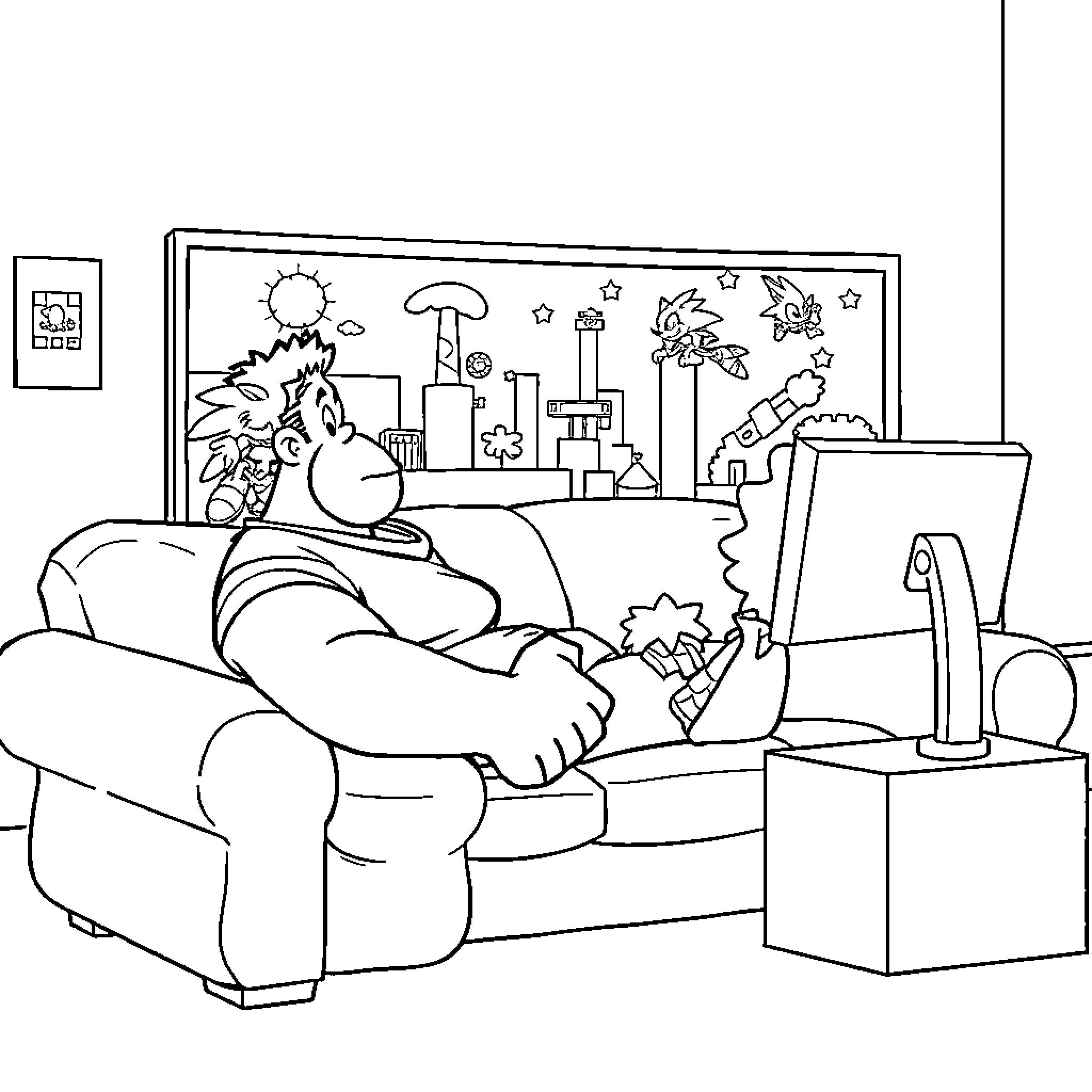 Ralph Relaxing Indoors with Electronics Coloring Page (free black-and-white line drawing printable PDF for all, from beginners to advanced learners, including children, teens, adults, and seniors)
