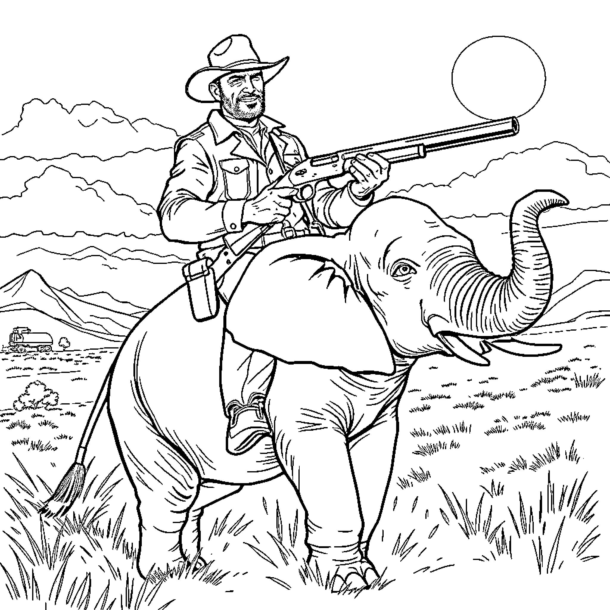 Clint Eastwood riding an elephant with a rifle in the wilderness Coloring Page (free black-and-white line drawing printable PDF for all, from beginners to advanced learners, including children, teens, adults, and seniors)