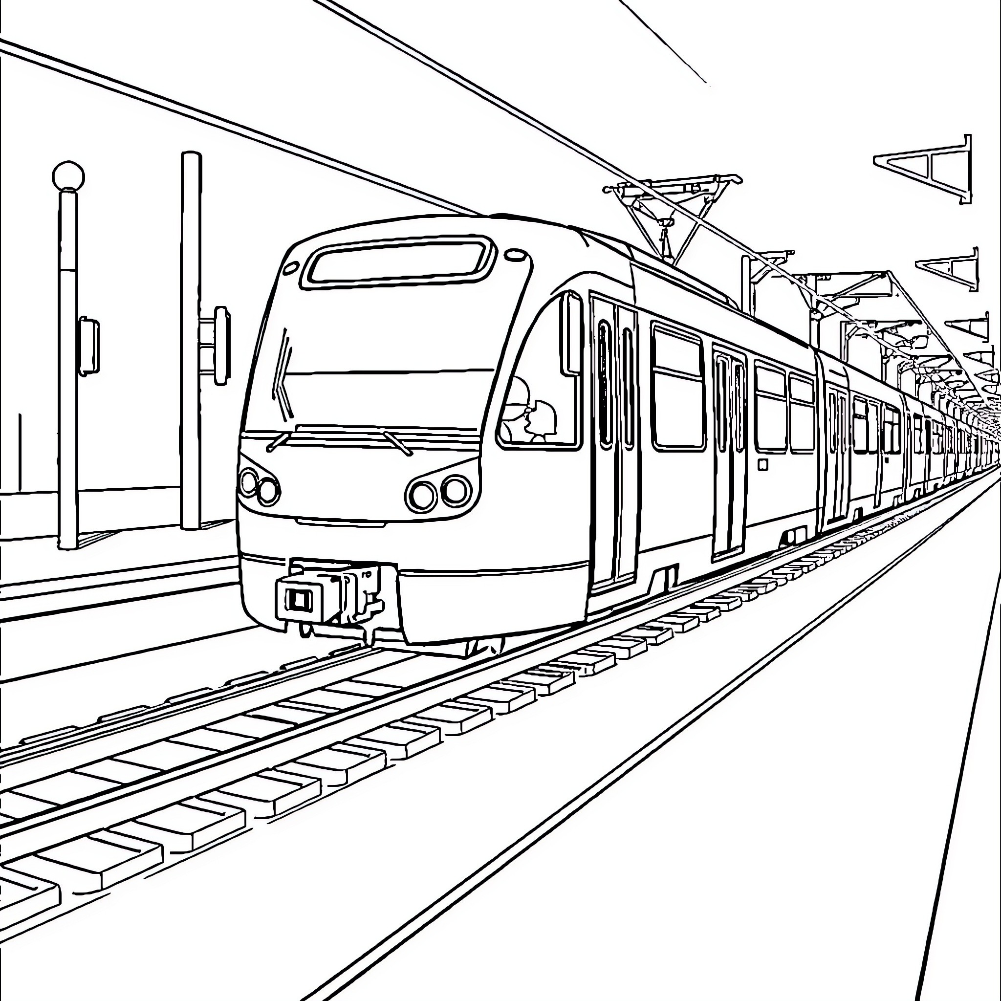 Car Train Arriving at Modern Railway Station Coloring Page (free black-and-white line drawing printable PDF for all, from beginners to advanced learners, including children, teens, adults, and seniors)