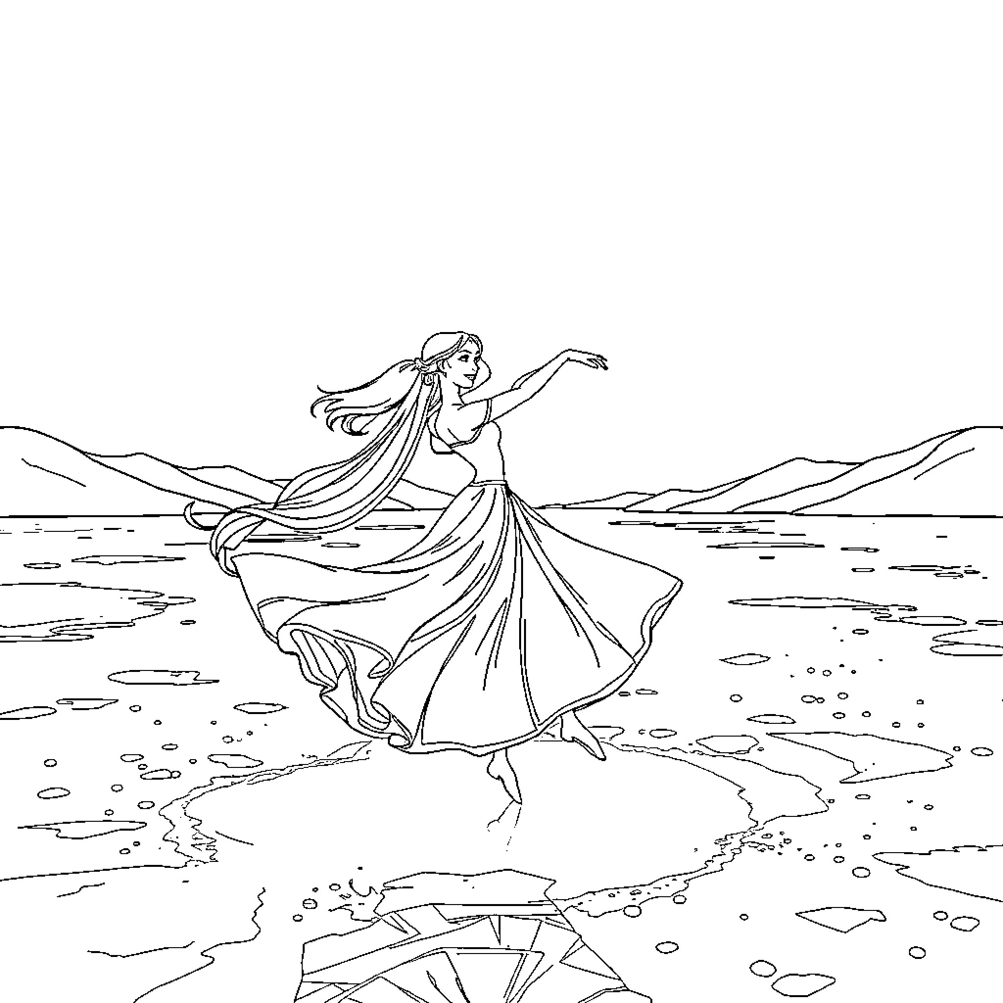 Princess Gracefully Dancing on the Waves Coloring Page (free black-and-white line drawing printable PDF for all, from beginners to advanced learners, including children, teens, adults, and seniors)