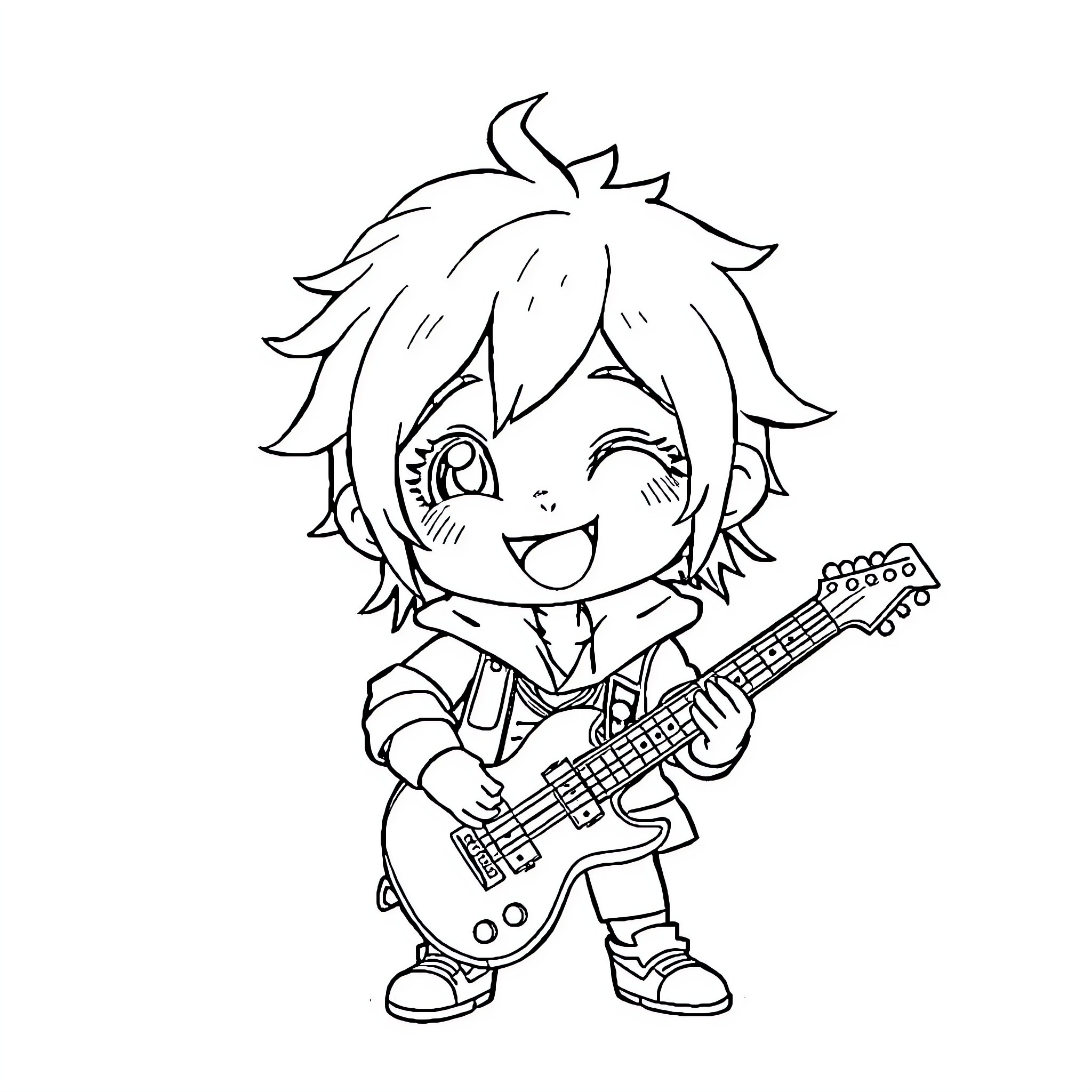 Anime Girl Playing Electric Guitar with Joy Coloring Page (free black-and-white line drawing printable PDF for all, from beginners to advanced learners, including children, teens, adults, and seniors)