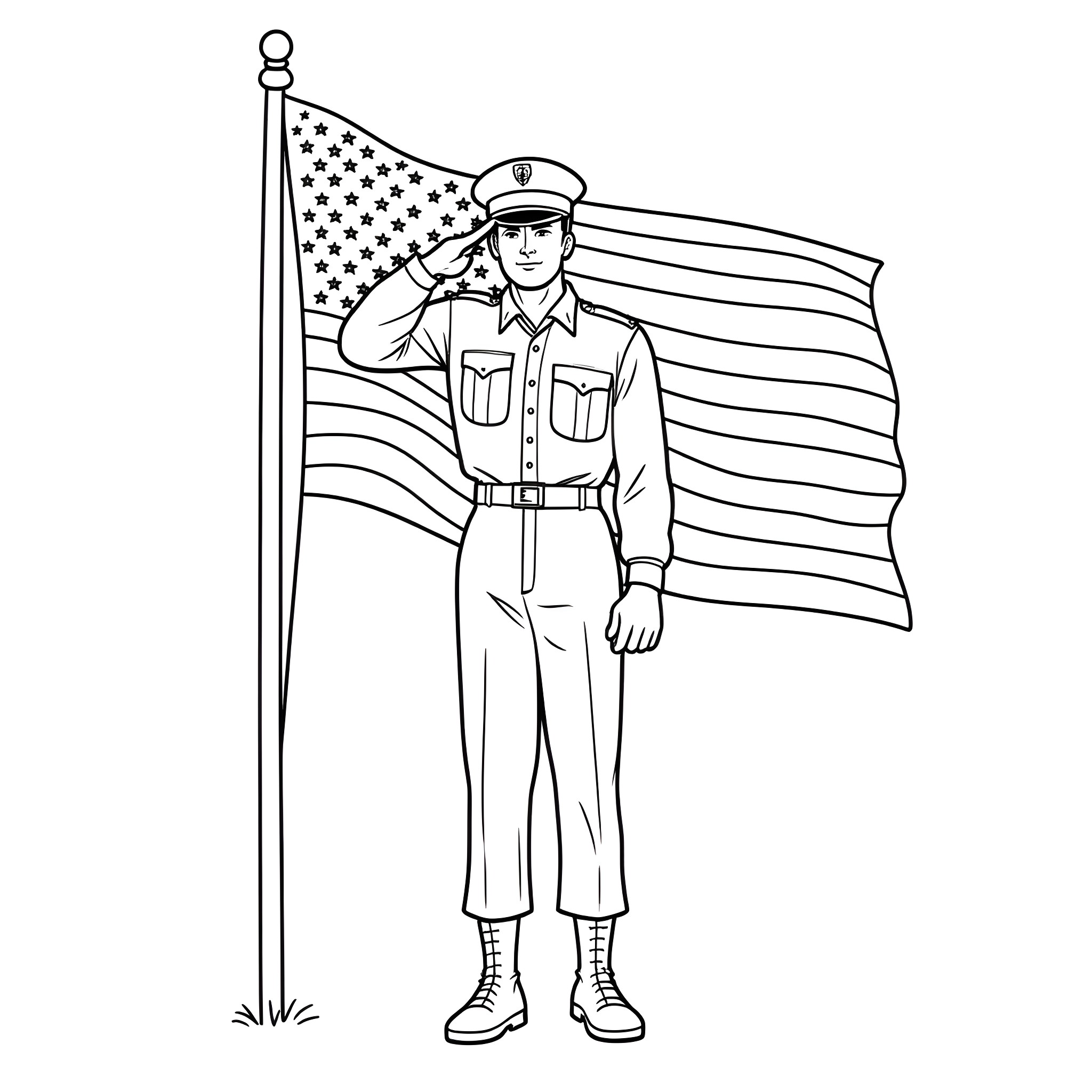 Soldier standing proudly with American flag Coloring Page (free black-and-white line drawing printable PDF for all, from beginners to advanced learners, including children, teens, adults, and seniors)