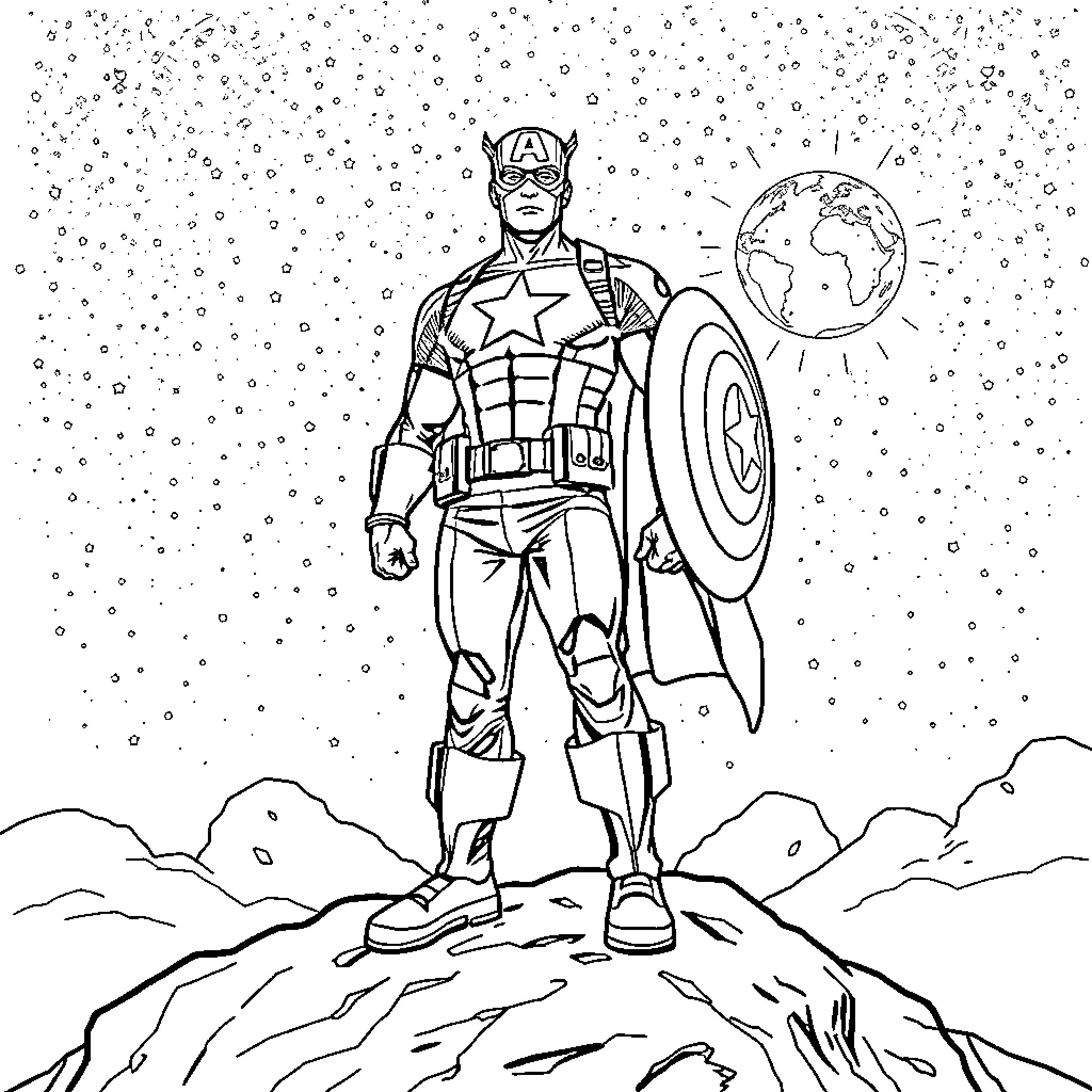 Captain America Stands Tall and Heroic in Space Coloring Page (free black-and-white line drawing printable PDF for all, from beginners to advanced learners, including children, teens, adults, and seniors)