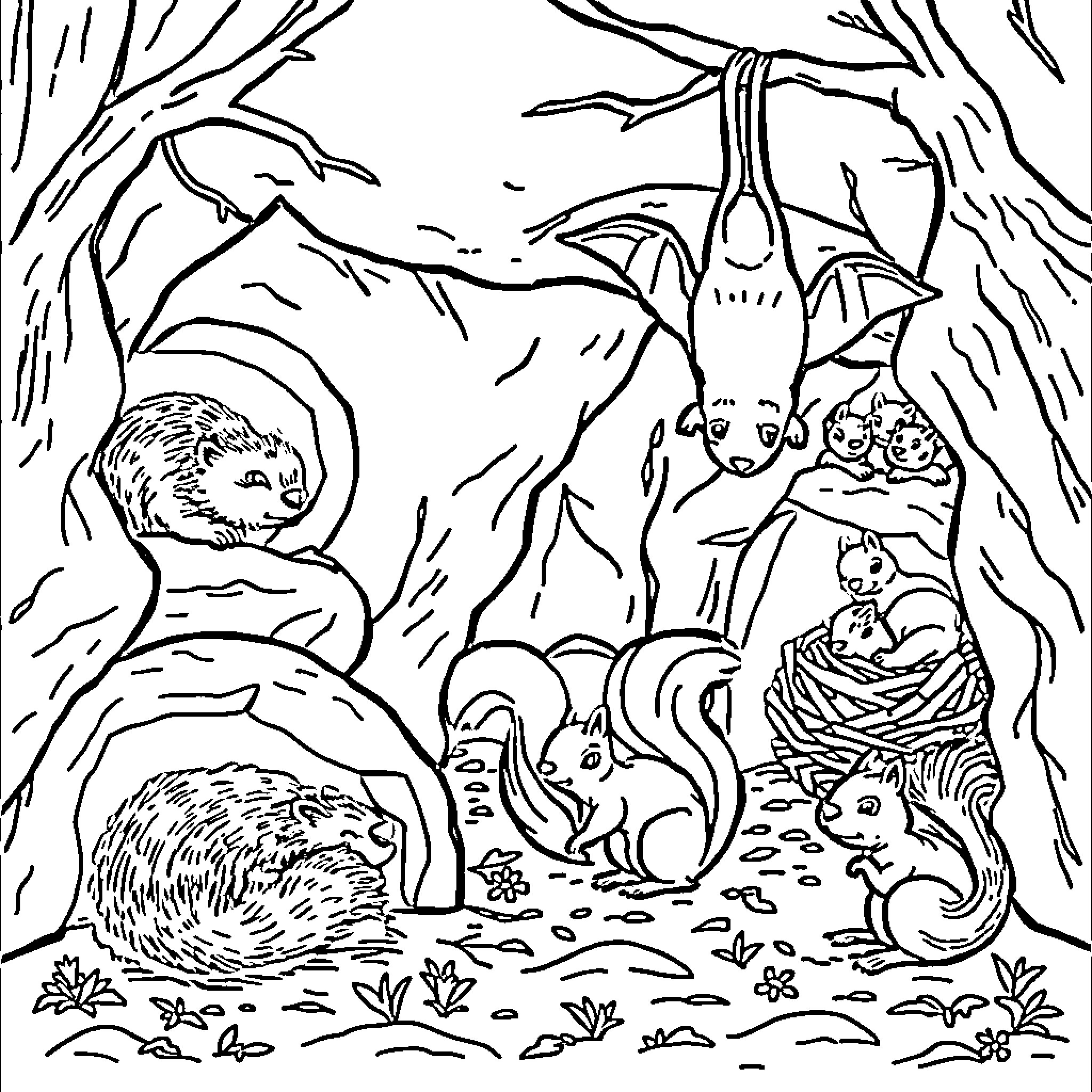 Animal Scene with Woodland Creatures in the Forest Coloring Page (free black-and-white line drawing printable PDF for all, from beginners to advanced learners, including children, teens, adults, and seniors)