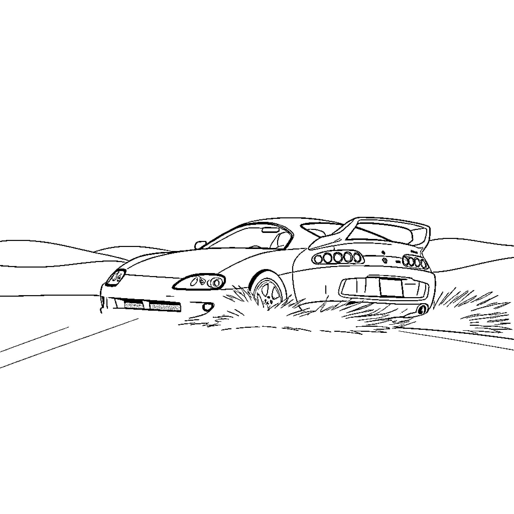 Toyota Supra racing through off-road terrain Coloring Page (free black-and-white line drawing printable PDF for all, from beginners to advanced learners, including children, teens, adults, and seniors)
