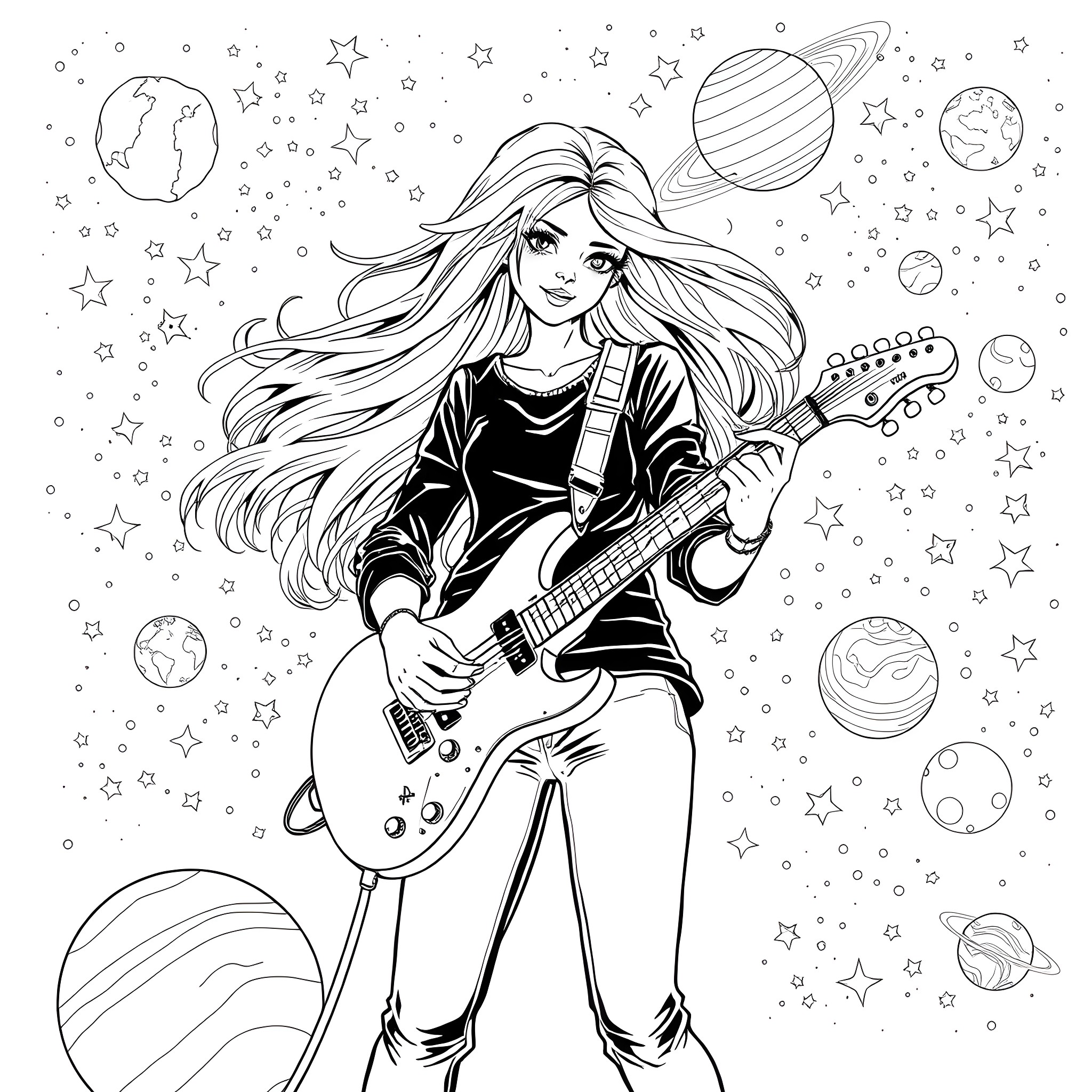 Teenage Girl Playing Guitar in Cosmic Space Coloring Page (free black-and-white line drawing printable PDF for all, from beginners to advanced learners, including children, teens, adults, and seniors)