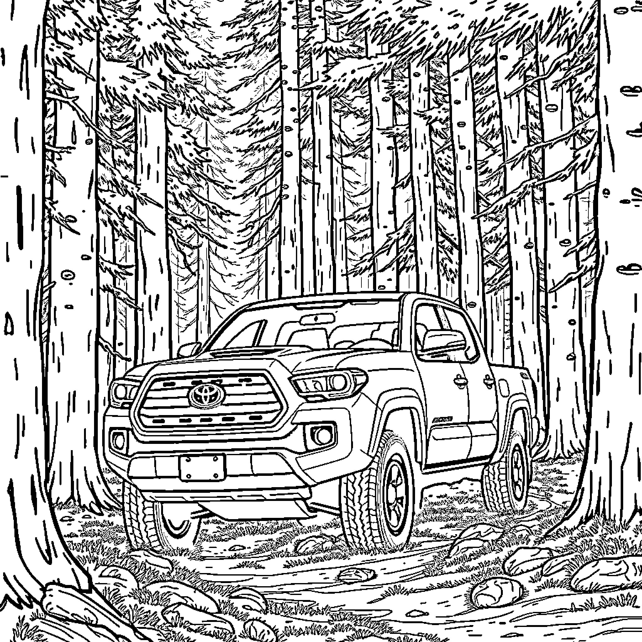 Toyota Tacoma off-road adventure in the forest Coloring Page (free black-and-white line drawing printable PDF for all, from beginners to advanced learners, including children, teens, adults, and seniors)