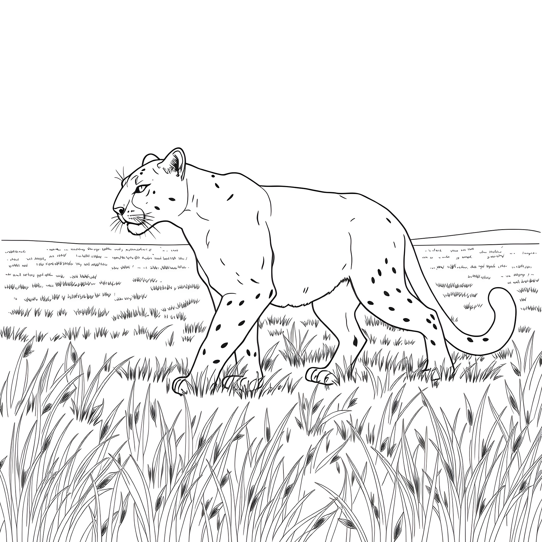 Cougar prowling through the grassland Coloring Page (free black-and-white line drawing printable PDF for all, from beginners to advanced learners, including children, teens, adults, and seniors)