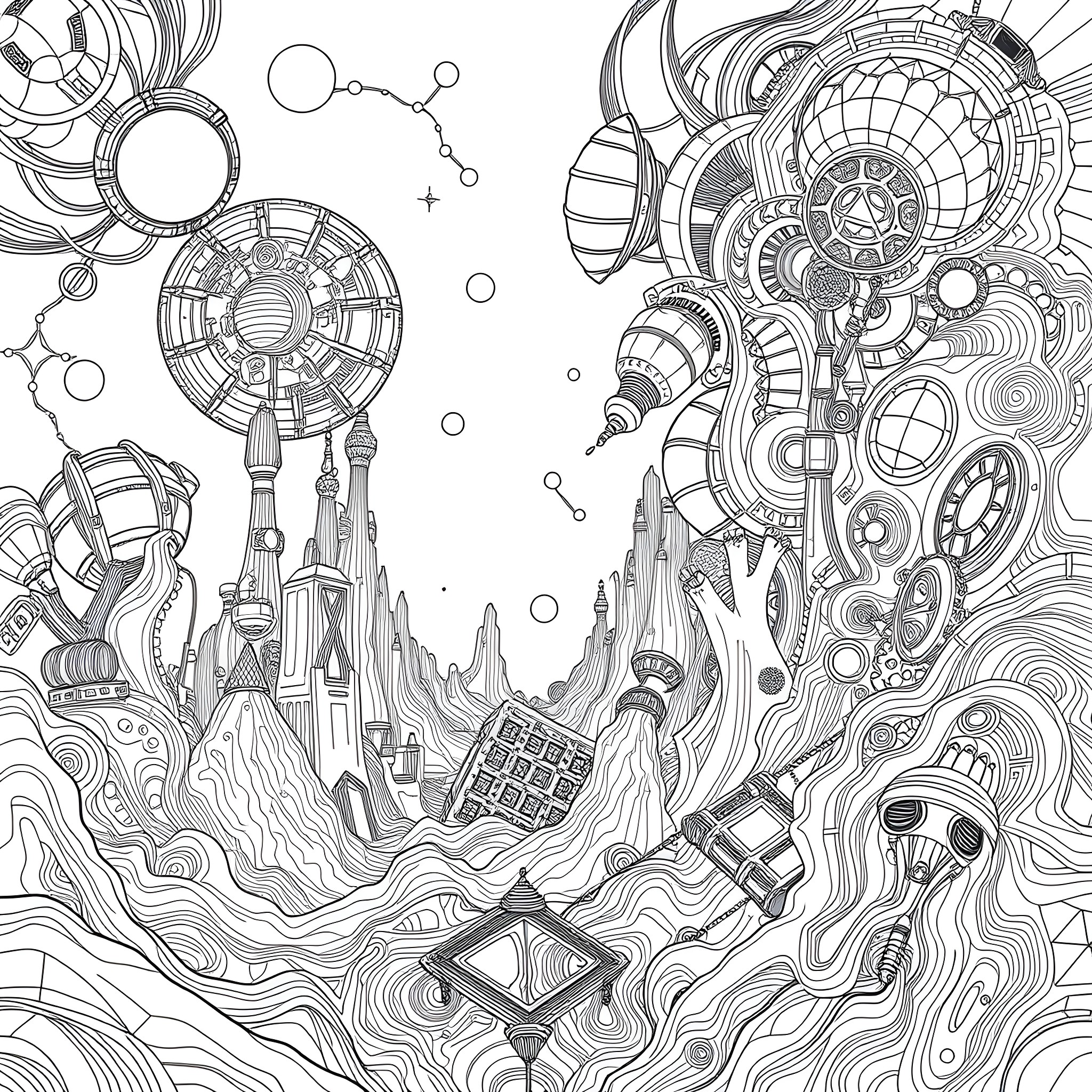 Pattern of Intricate Machinery and Structures in the Sky Coloring Page (free black-and-white line drawing printable PDF for all, from beginners to advanced learners, including children, teens, adults, and seniors)