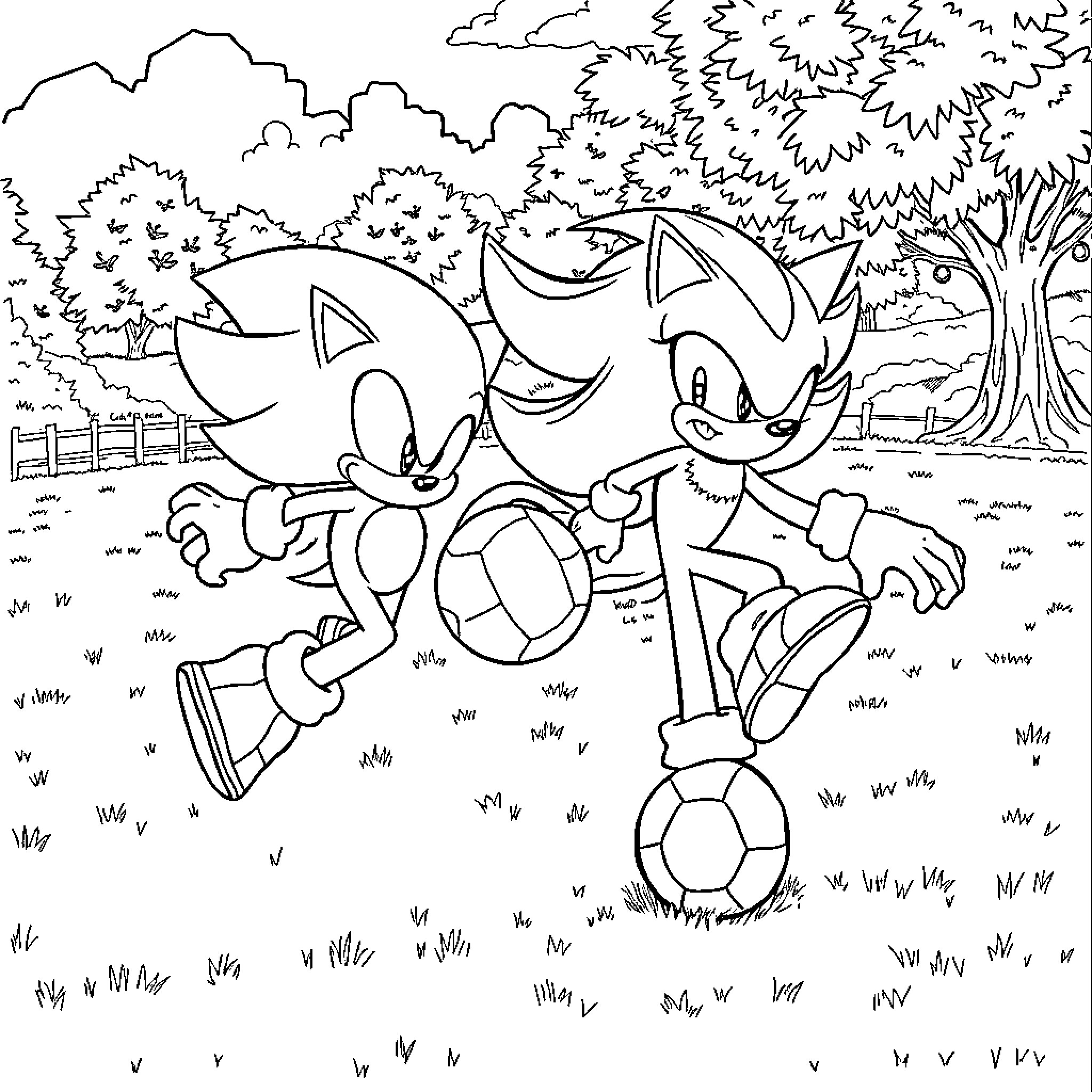 Sonic characters playing soccer in a scenic park Coloring Page (free black-and-white line drawing printable PDF for all, from beginners to advanced learners, including children, teens, adults, and seniors)