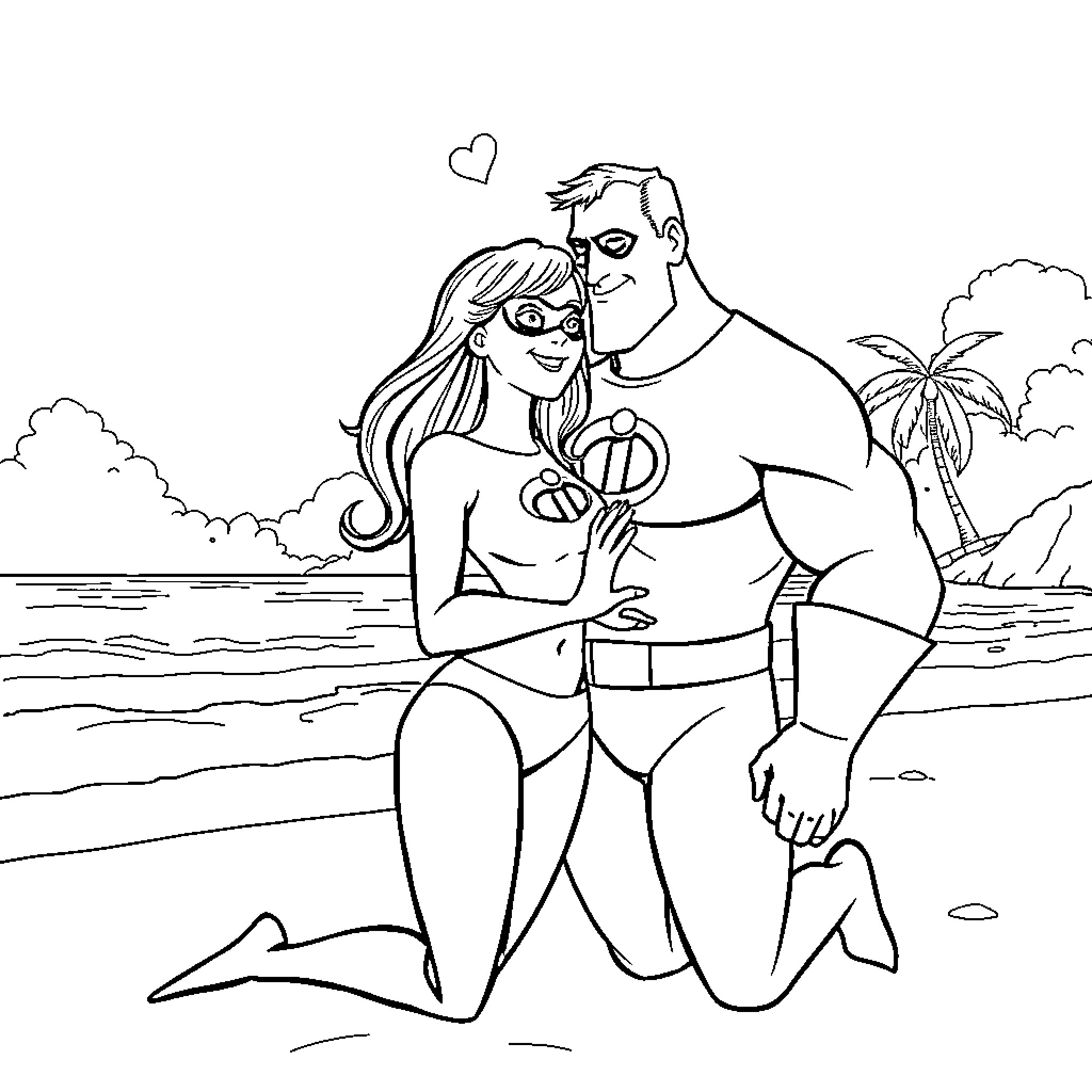 Elastigirl and her husband enjoying a romantic beach scene Coloring Page (free black-and-white line drawing printable PDF for all, from beginners to advanced learners, including children, teens, adults, and seniors)