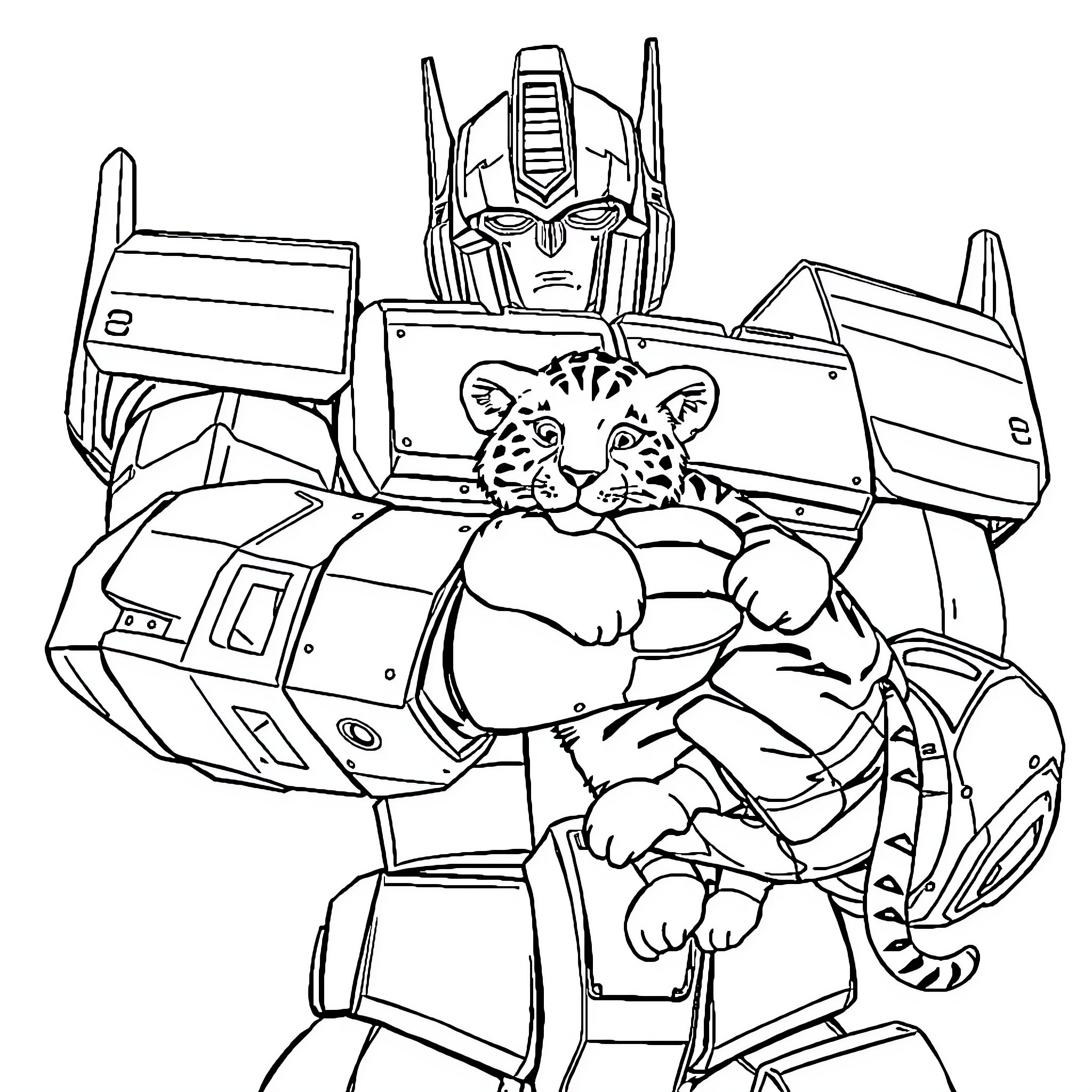 Optimus Prime protects a cute tiger cub Coloring Page (free black-and-white line drawing printable PDF for all, from beginners to advanced learners, including children, teens, adults, and seniors)