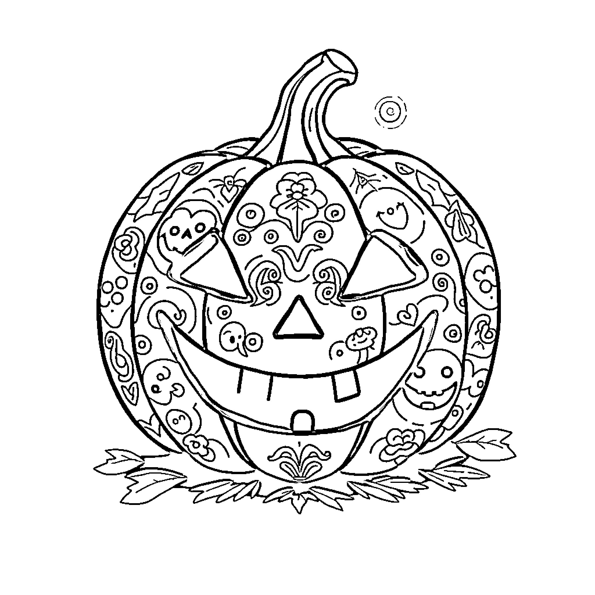 Jack-o'-lantern with intricate patterned design Coloring Page (free black-and-white line drawing printable PDF for all, from beginners to advanced learners, including children, teens, adults, and seniors)