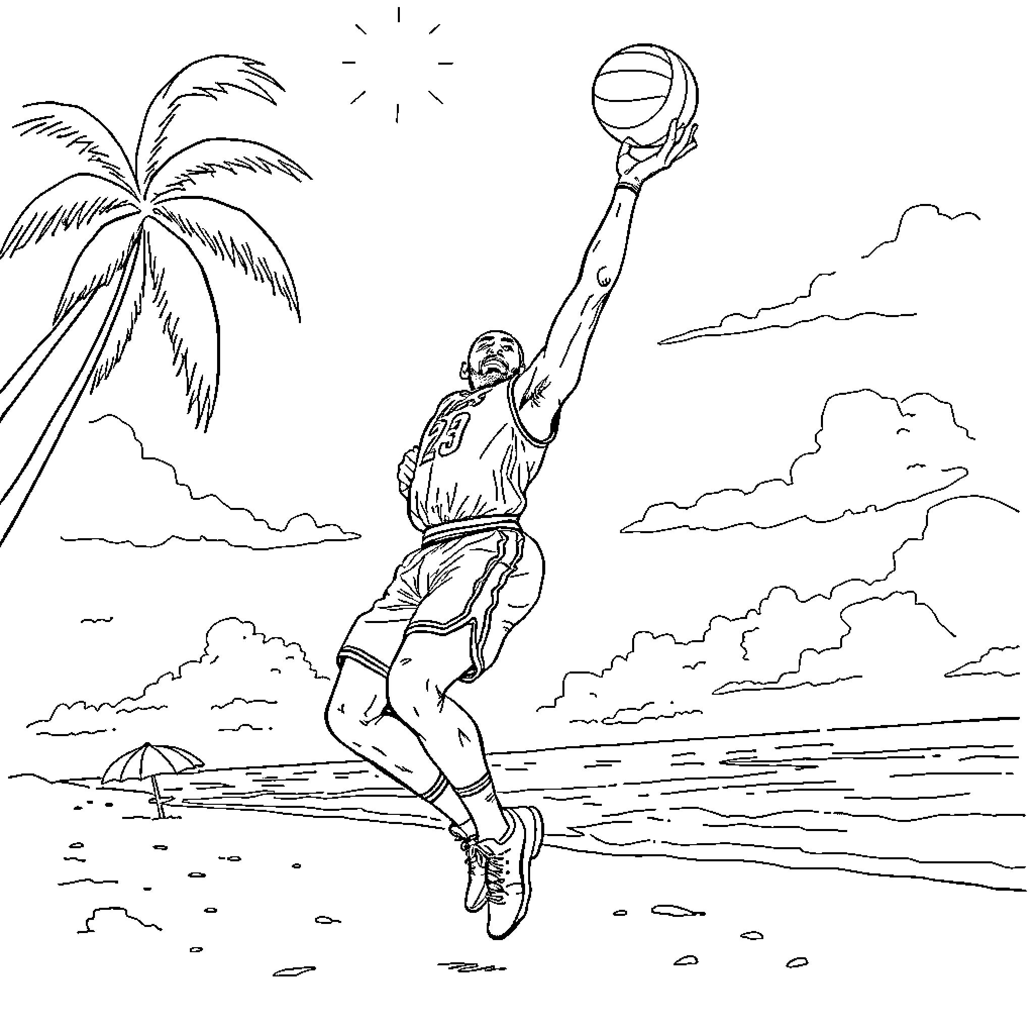 LeBron dunking basketball on the beach Coloring Page (free black-and-white line drawing printable PDF for all, from beginners to advanced learners, including children, teens, adults, and seniors)