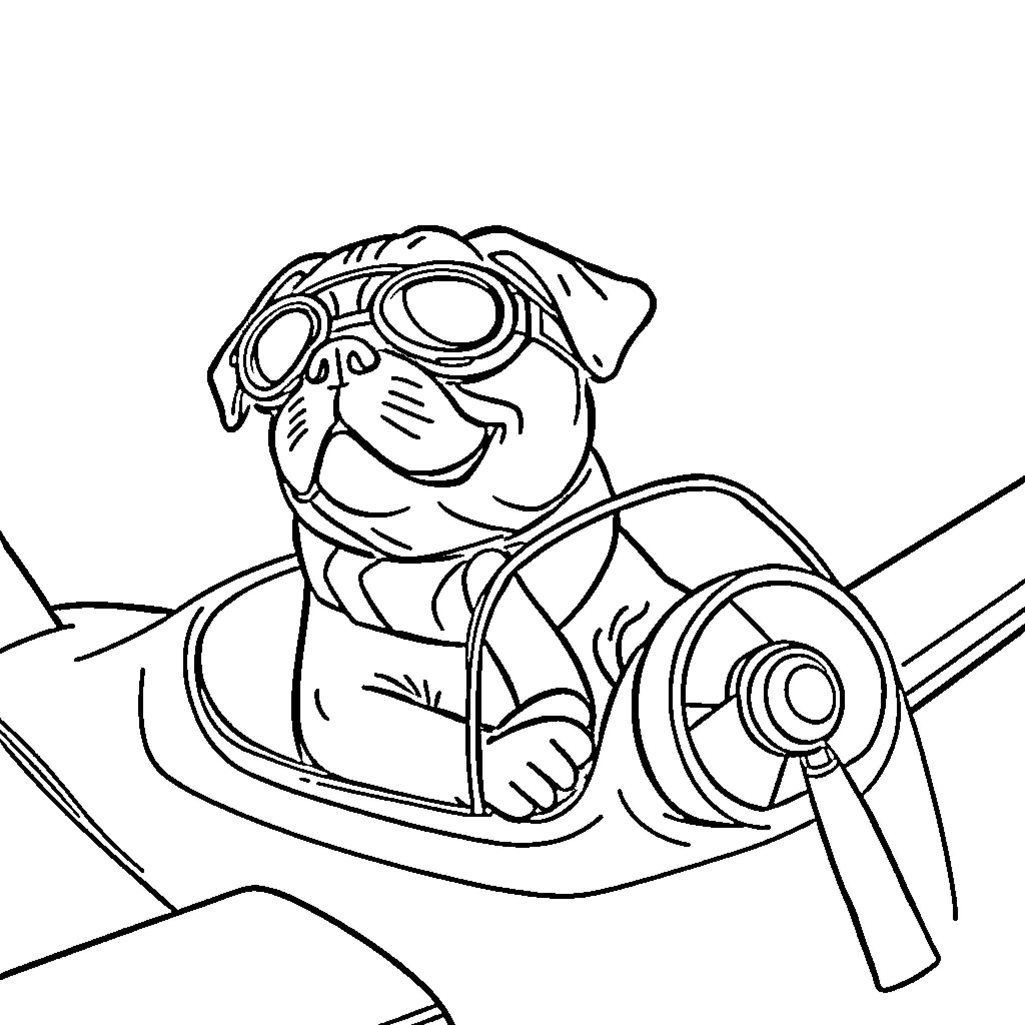 Pug Riding Motorcycle in the Wind Coloring Page (free black-and-white line drawing printable PDF for all, from beginners to advanced learners, including children, teens, adults, and seniors)