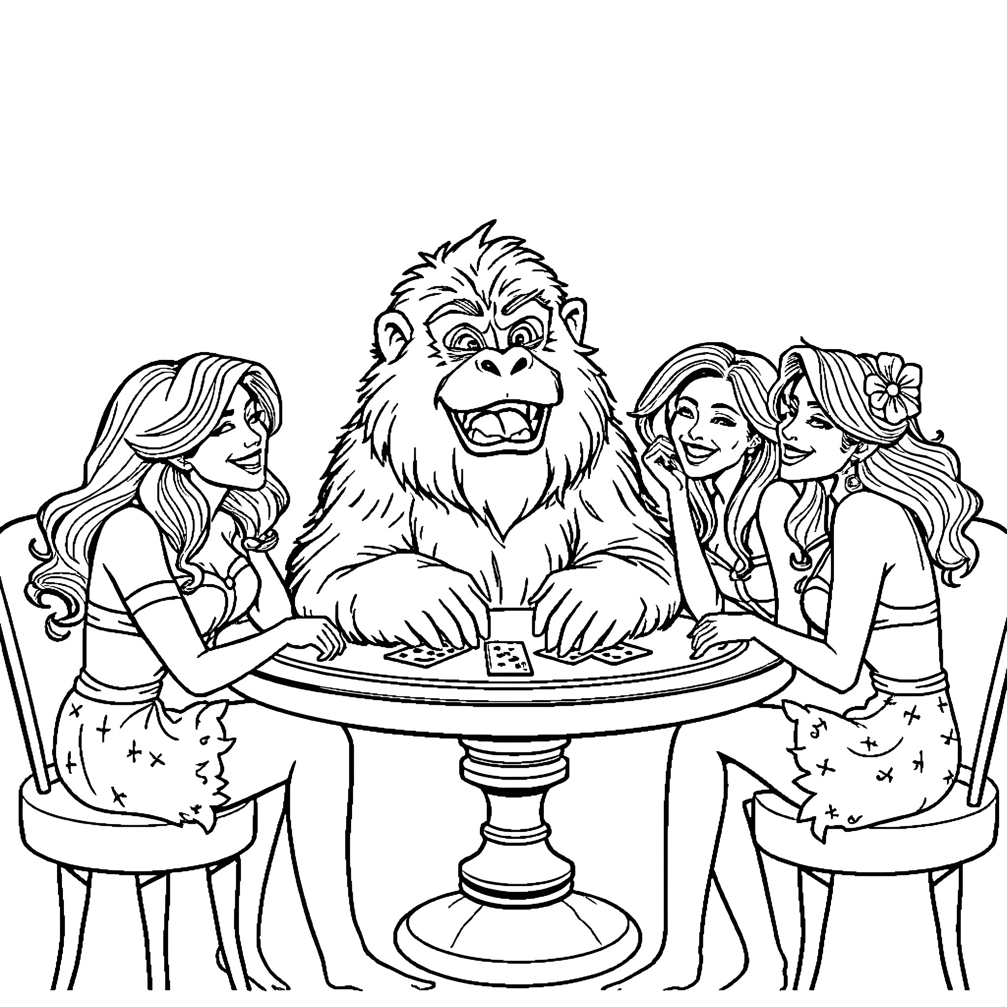 Yeti playing cards with friendly companions Coloring Page (free black-and-white line drawing printable PDF for all, from beginners to advanced learners, including children, teens, adults, and seniors)