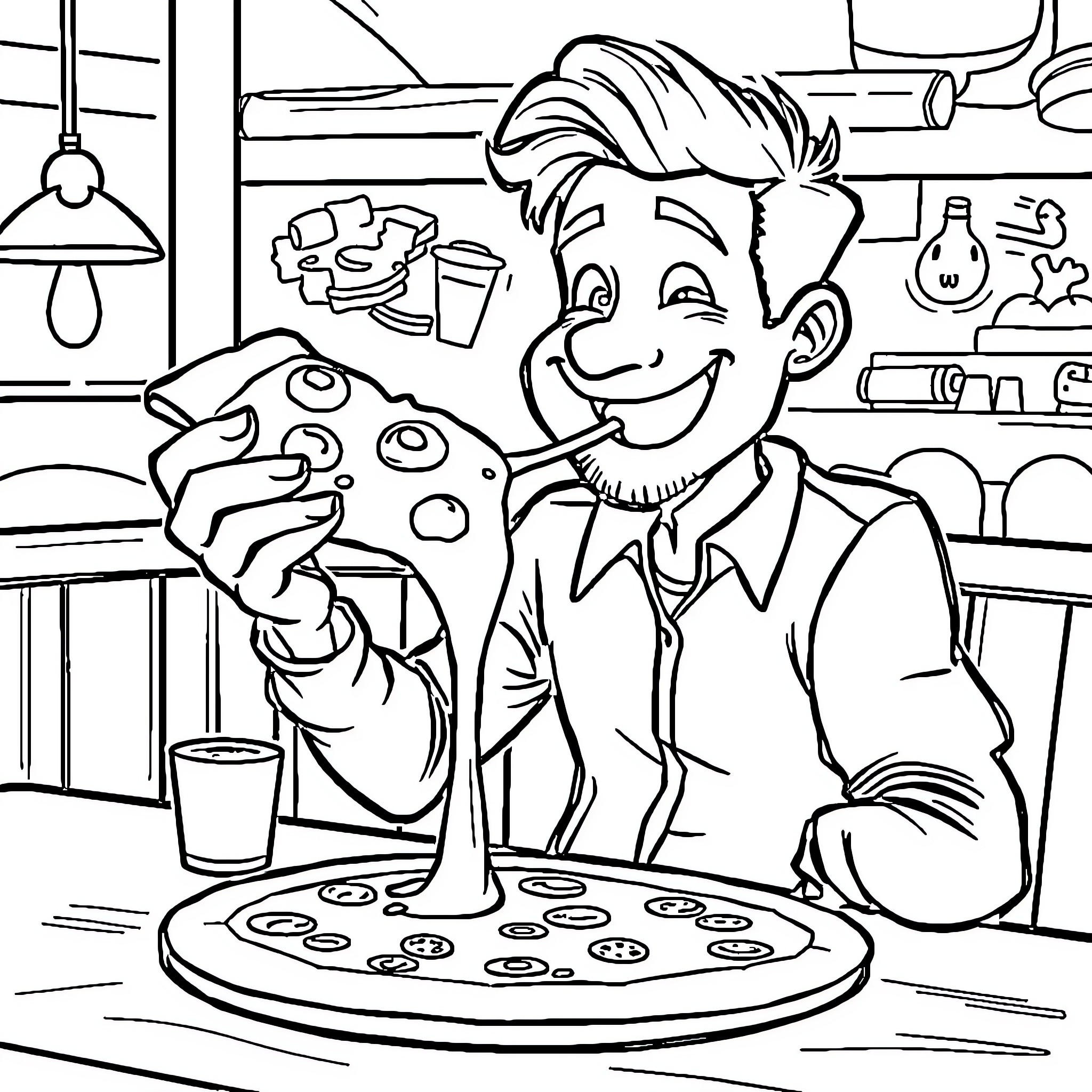 Man happily preparing a pizza in kitchen Coloring Page (free black-and-white line drawing printable PDF for all, from beginners to advanced learners, including children, teens, adults, and seniors)