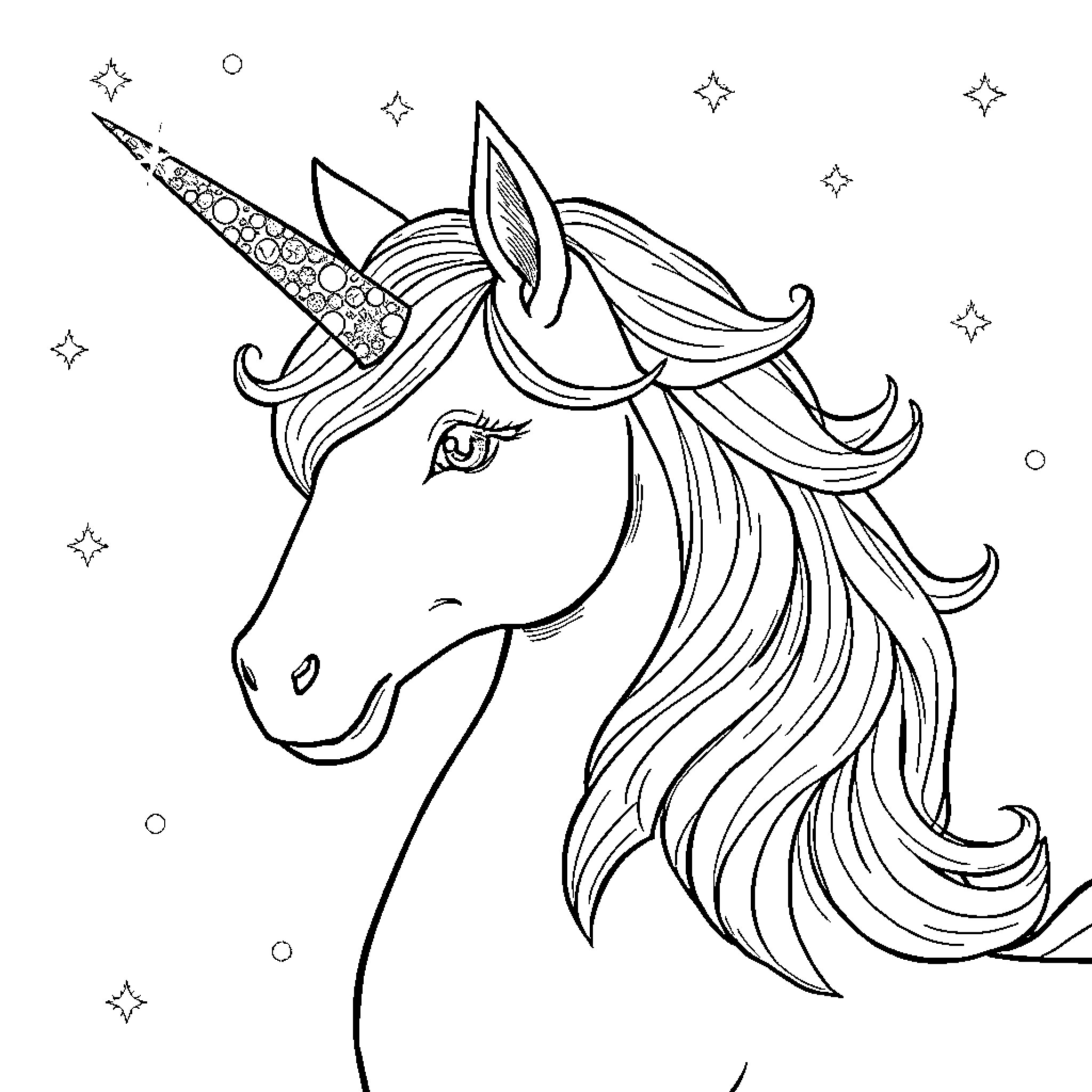 Christmas Unicorn with Ornamental Horn and Starry Night Coloring Page (free black-and-white line drawing printable PDF for all, from beginners to advanced learners, including children, teens, adults, and seniors)
