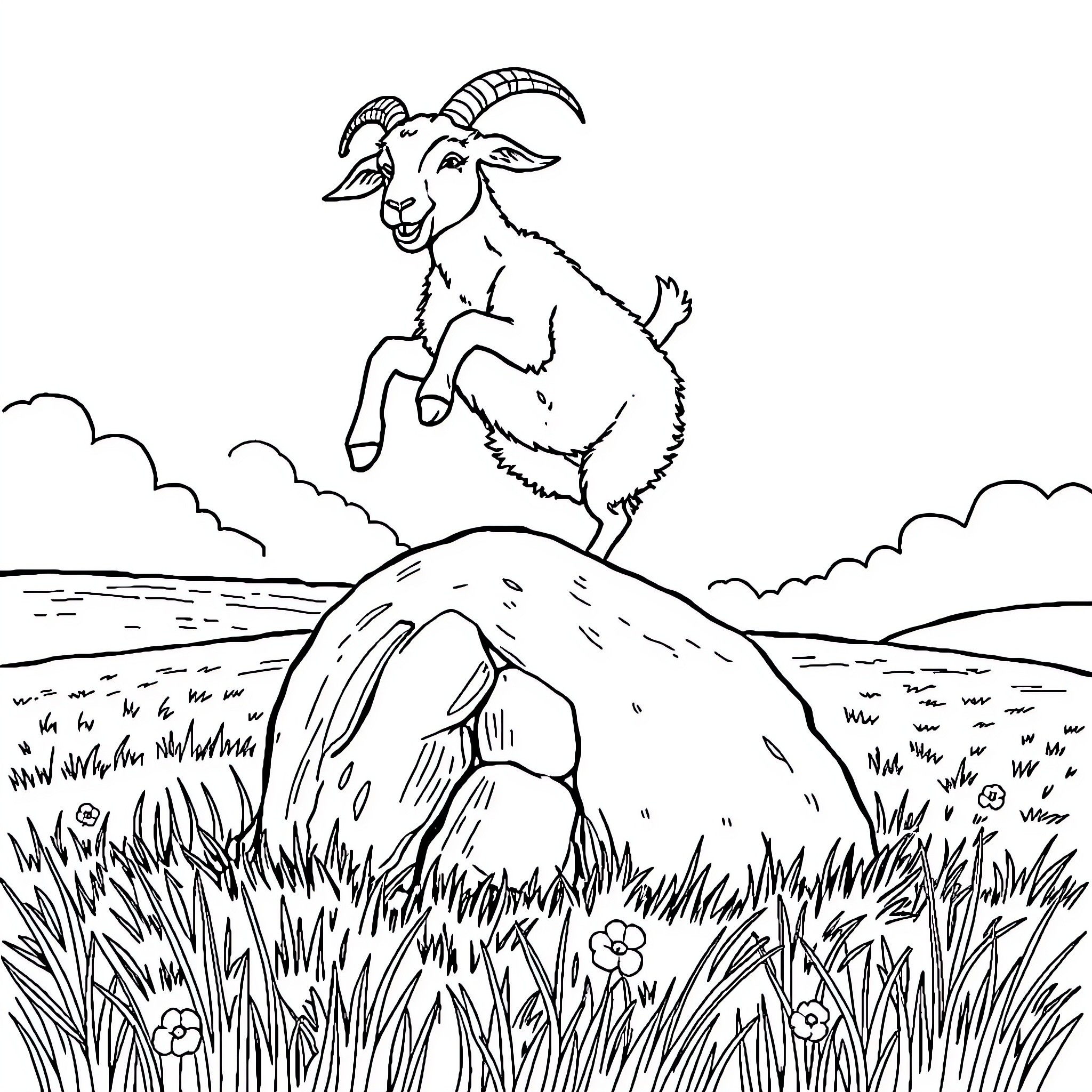 Goat leaping joyfully on rocky hilltop Coloring Page (free black-and-white line drawing printable PDF for all, from beginners to advanced learners, including children, teens, adults, and seniors)