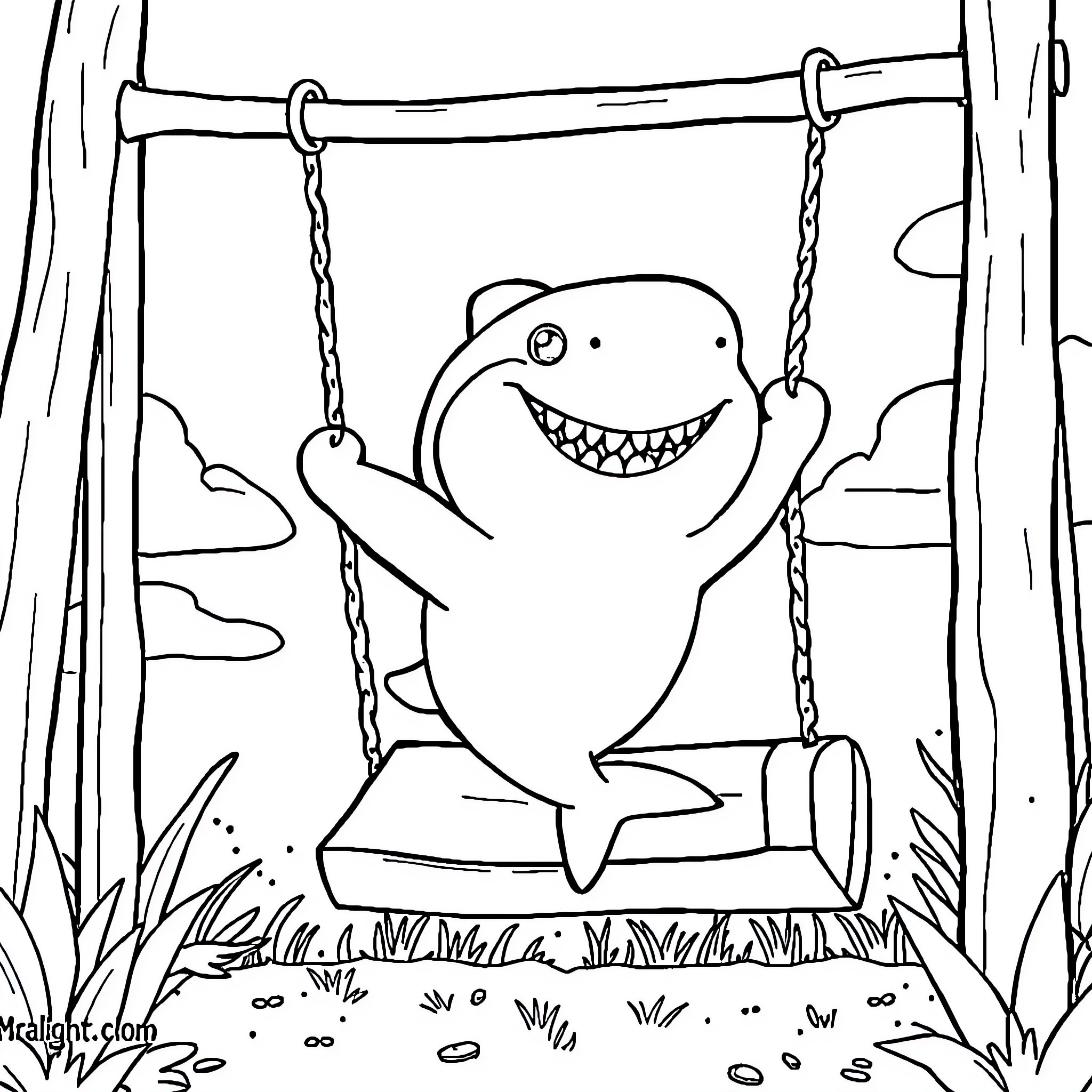 Baby Shark swinging happily on a wooden swing Coloring Page (free black-and-white line drawing printable PDF for all, from beginners to advanced learners, including children, teens, adults, and seniors)