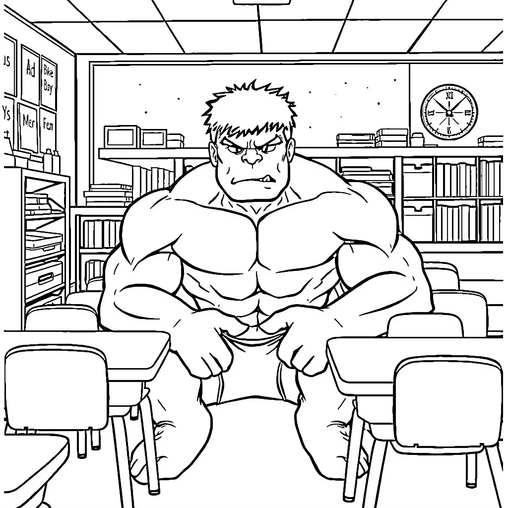 Hulk angrily sitting in an office environment Coloring Page (free black-and-white line drawing printable PDF for all, from beginners to advanced learners, including children, teens, adults, and seniors)