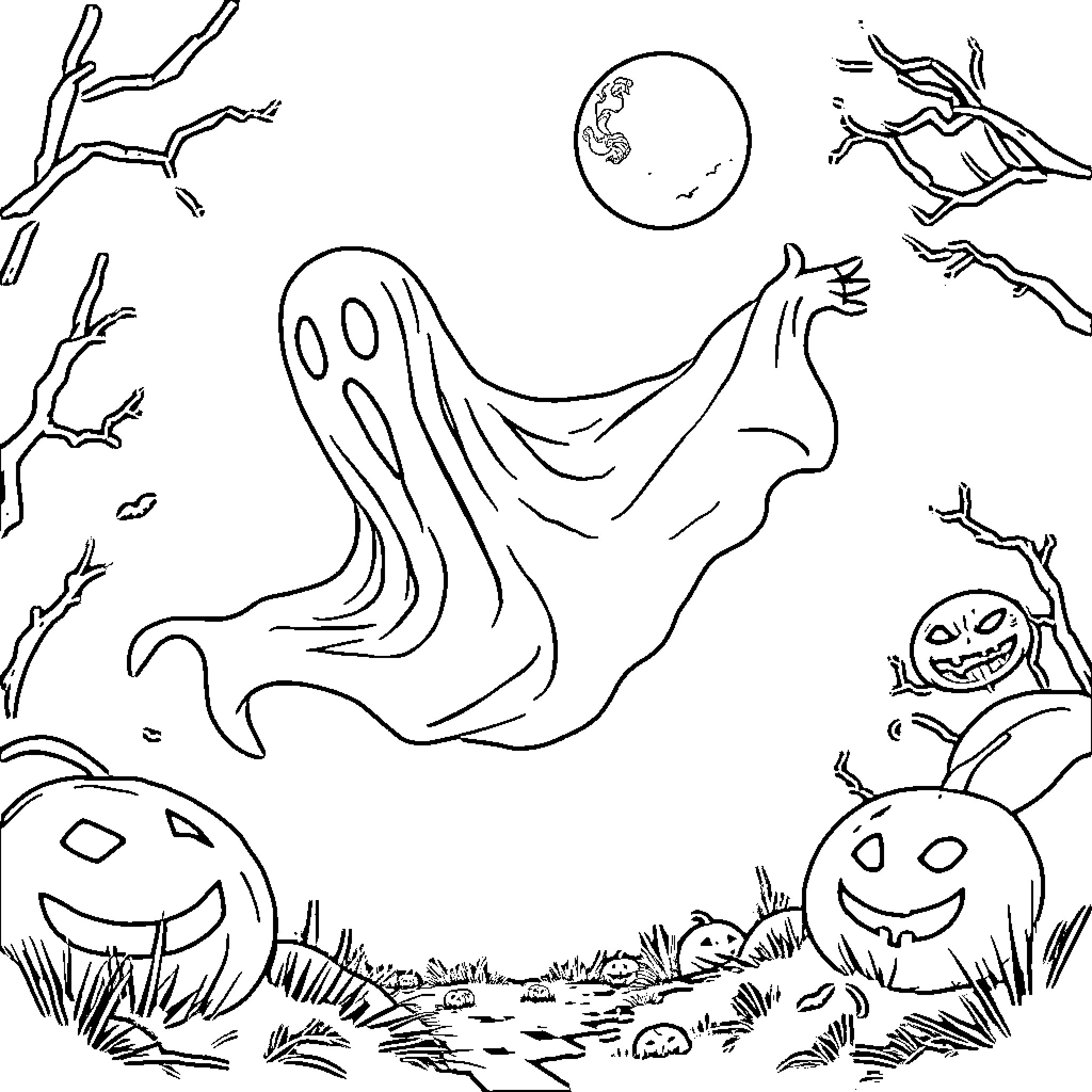 Ghost flying over a spooky Halloween landscape Coloring Page (free black-and-white line drawing printable PDF for all, from beginners to advanced learners, including children, teens, adults, and seniors)