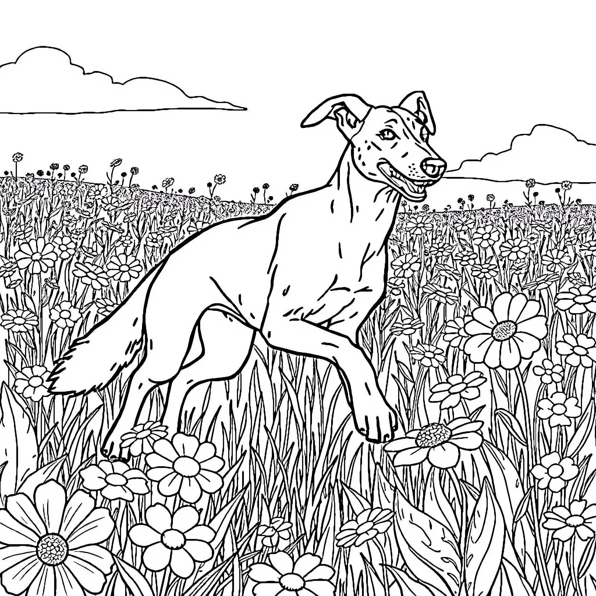 Foxhound exploring a vibrant floral meadow Coloring Page (free black-and-white line drawing printable PDF for all, from beginners to advanced learners, including children, teens, adults, and seniors)