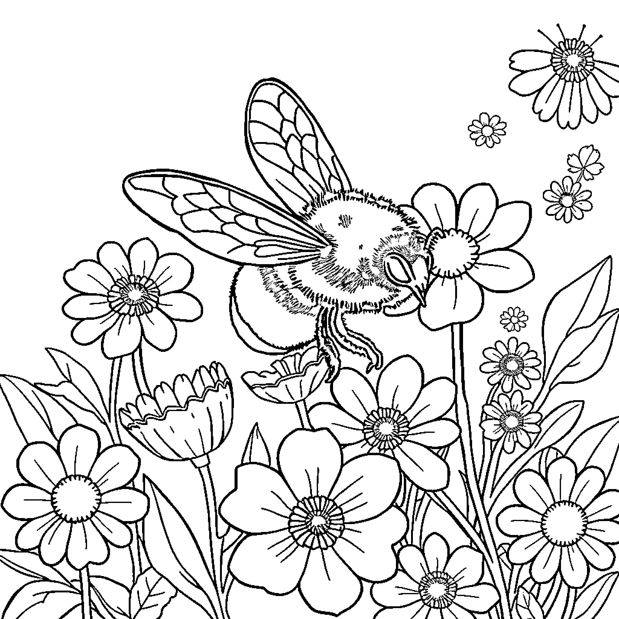 Bee exploring a floral garden Coloring Page (free black-and-white line drawing printable PDF for all, from beginners to advanced learners, including children, teens, adults, and seniors)
