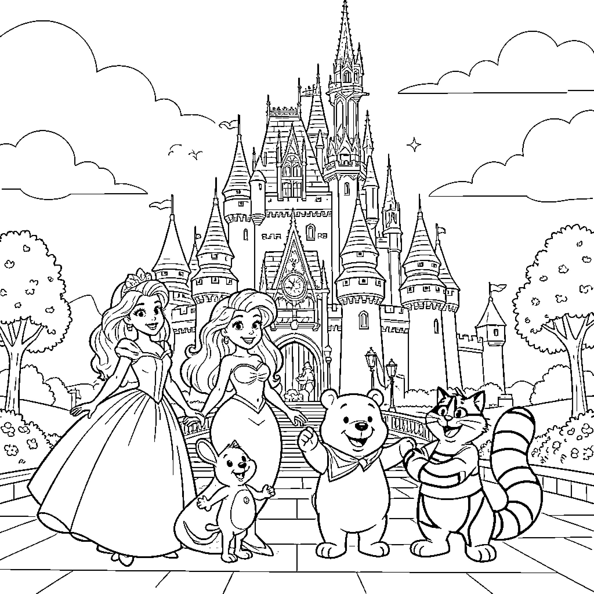 Disney Characters at the Enchanted Castle Coloring Page (free black-and-white line drawing printable PDF for all, from beginners to advanced learners, including children, teens, adults, and seniors)
