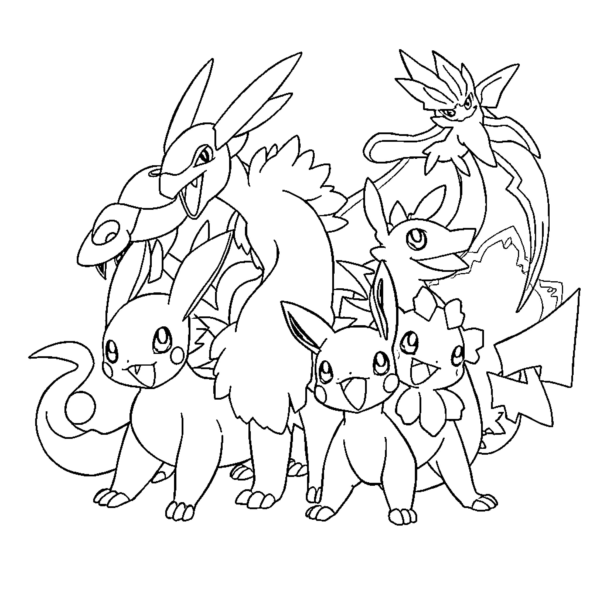 Pokémon characters gathered in a group Coloring Page (free black-and-white line drawing printable PDF for all, from beginners to advanced learners, including children, teens, adults, and seniors)