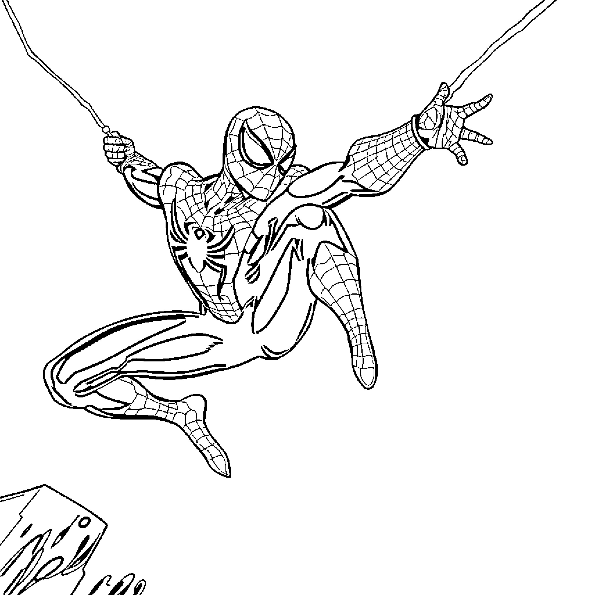 Spiderman swinging with web in action Coloring Page (free black-and-white line drawing printable PDF for all, from beginners to advanced learners, including children, teens, adults, and seniors)
