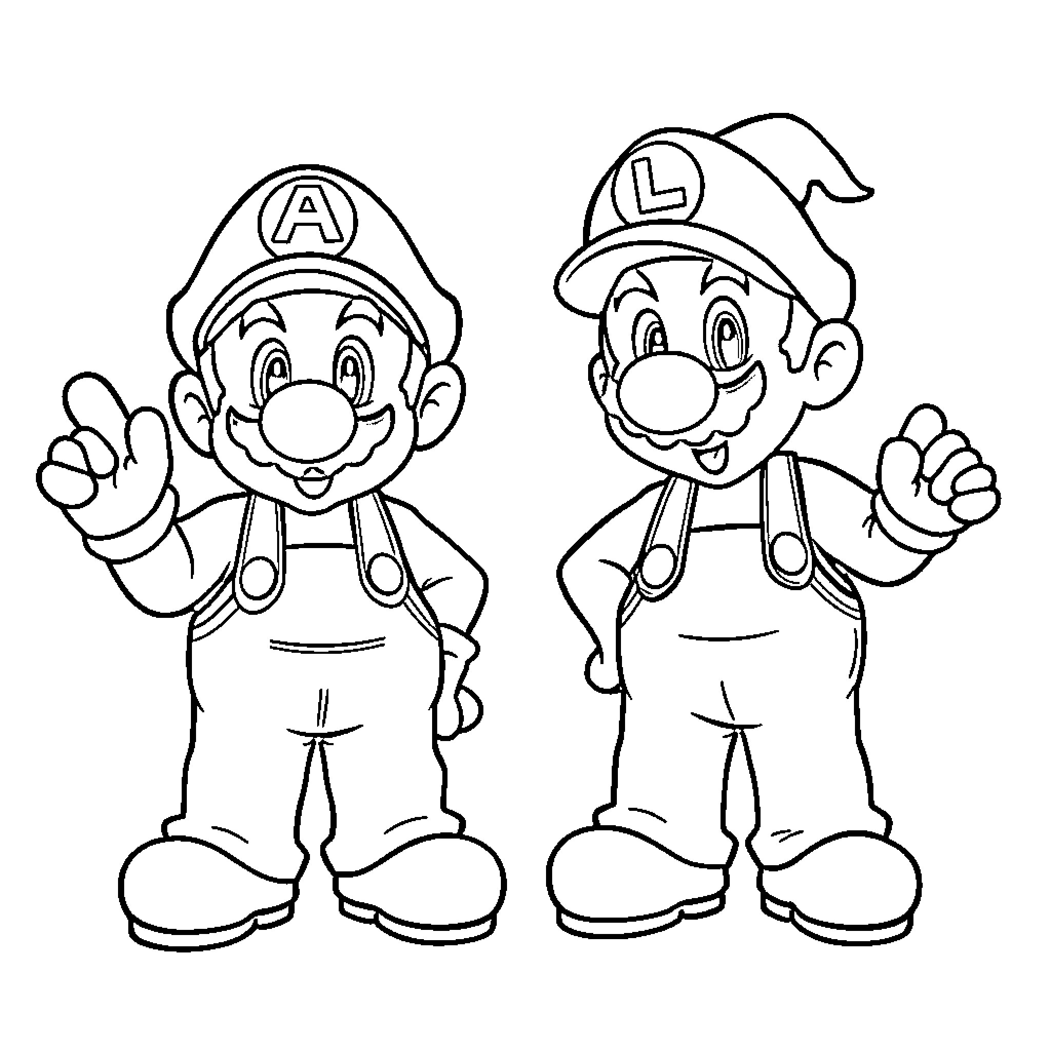 Mario and Luigi: Plumbers of the Mushroom Kingdom Coloring Page (free black-and-white line drawing printable PDF for all, from beginners to advanced learners, including children, teens, adults, and seniors)