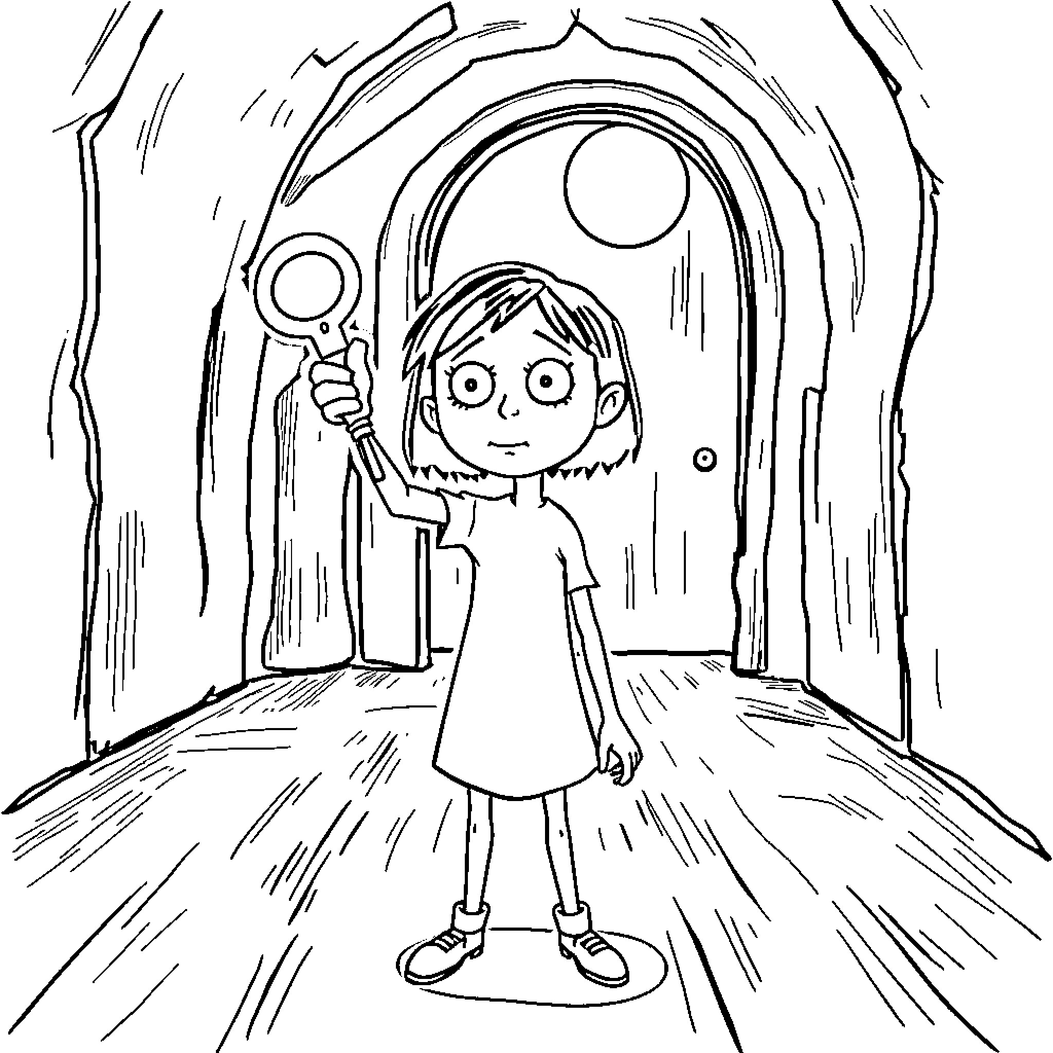 Coraline exploring the mysterious tunnel Coloring Page (free black-and-white line drawing printable PDF for all, from beginners to advanced learners, including children, teens, adults, and seniors)