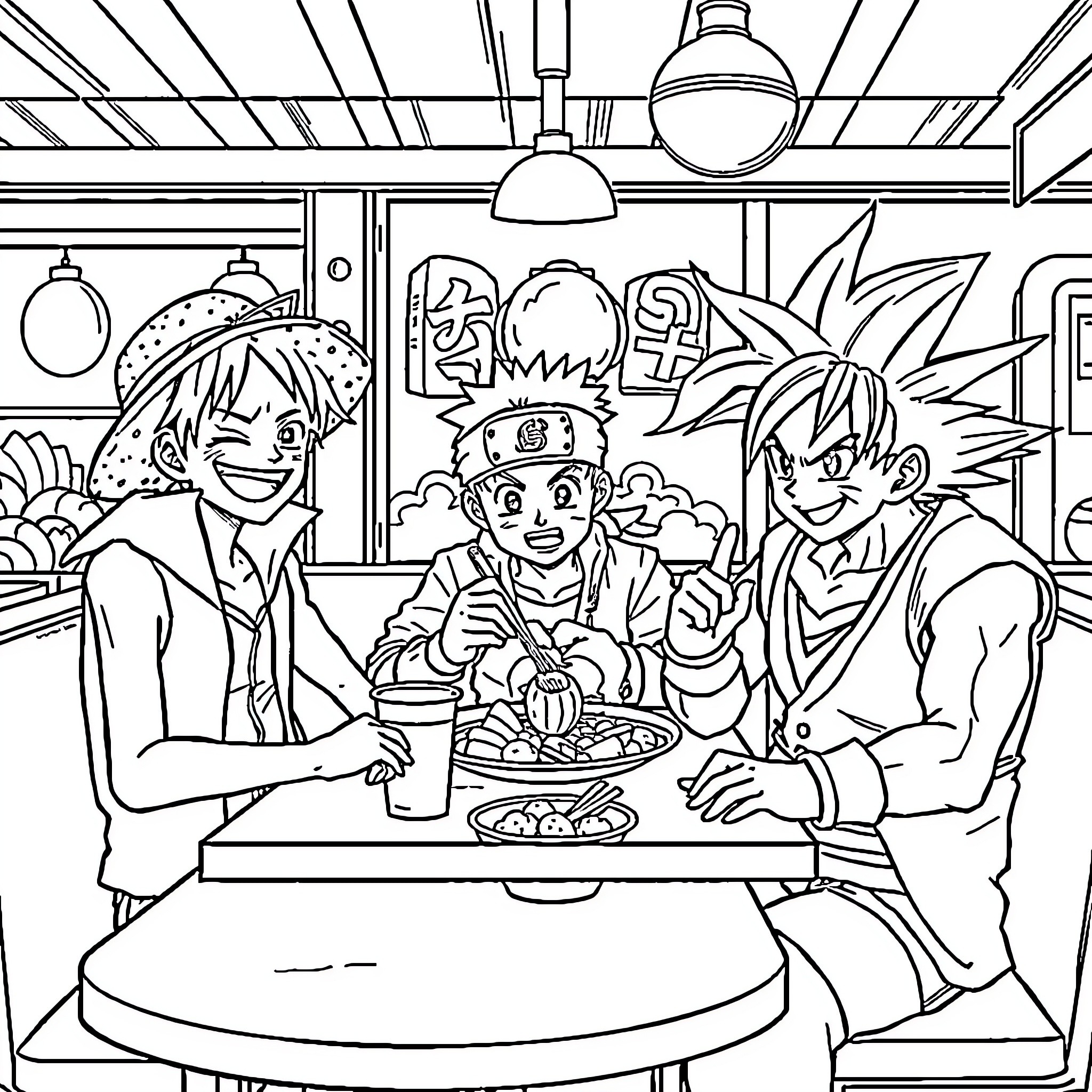 Luffy and Friends Enjoying a Meal Together Coloring Page (free black-and-white line drawing printable PDF for all, from beginners to advanced learners, including children, teens, adults, and seniors)