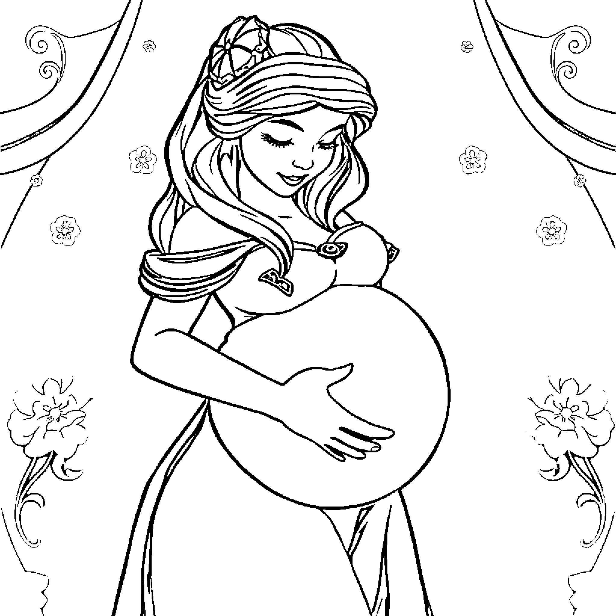 Belle's Joyful Embrace: A Pregnant Woman's Tender Moment Coloring Page (free black-and-white line drawing printable PDF for all, from beginners to advanced learners, including children, teens, adults, and seniors)