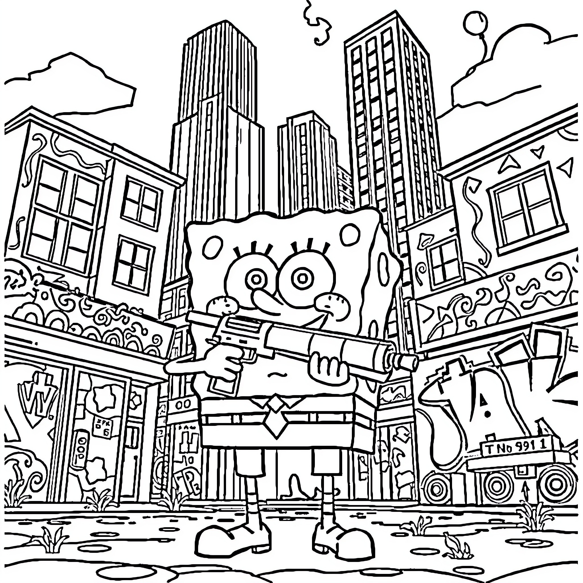 Spongebob in the bustling city streets Coloring Page (free black-and-white line drawing printable PDF for all, from beginners to advanced learners, including children, teens, adults, and seniors)