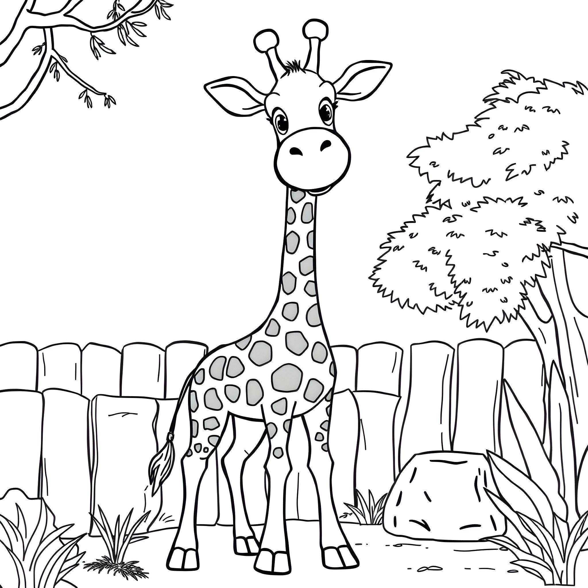 Melman the Giraffe in the Jungle Coloring Page (free black-and-white line drawing printable PDF for all, from beginners to advanced learners, including children, teens, adults, and seniors)