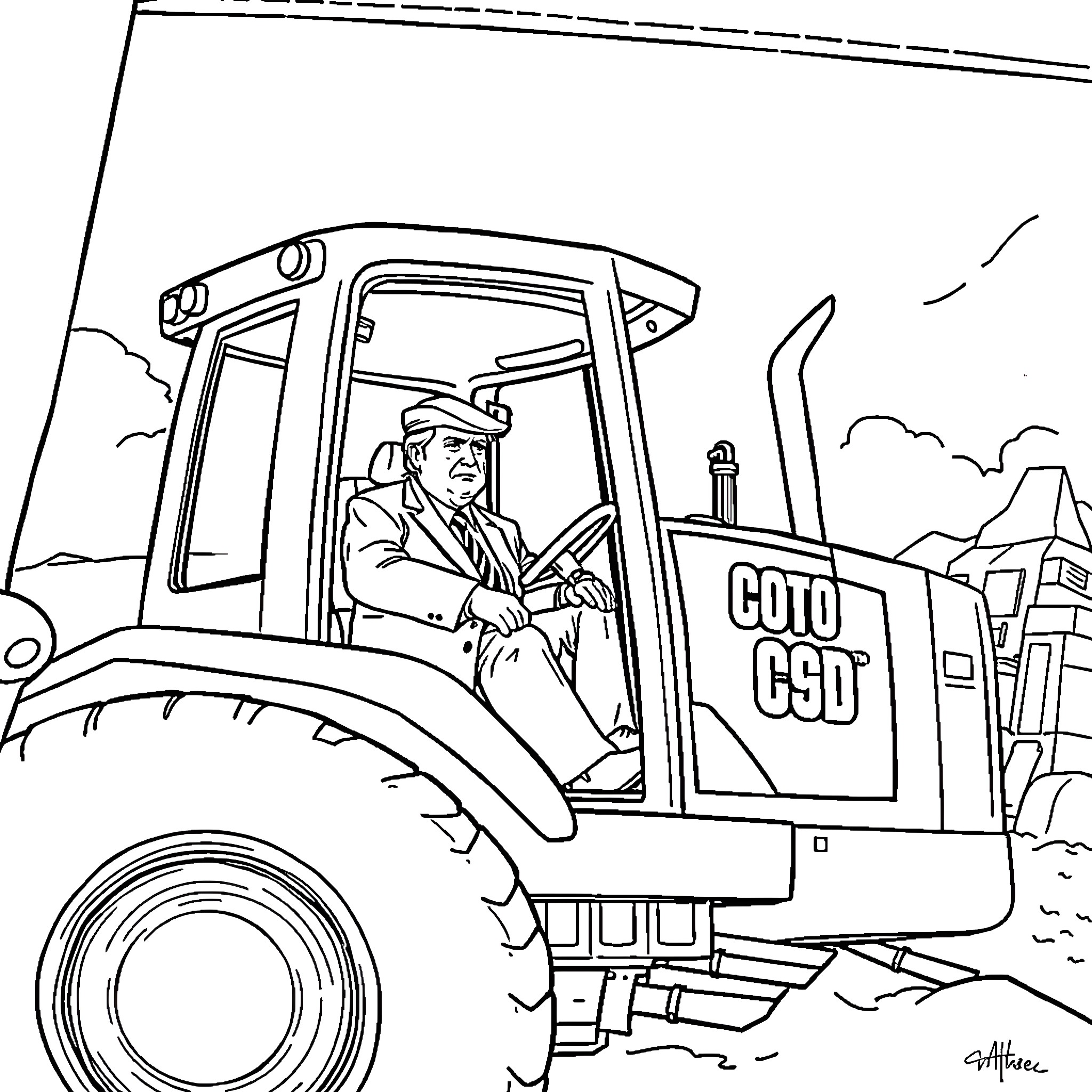President Trump operating a construction vehicle on a worksite Coloring Page (free black-and-white line drawing printable PDF for all, from beginners to advanced learners, including children, teens, adults, and seniors)