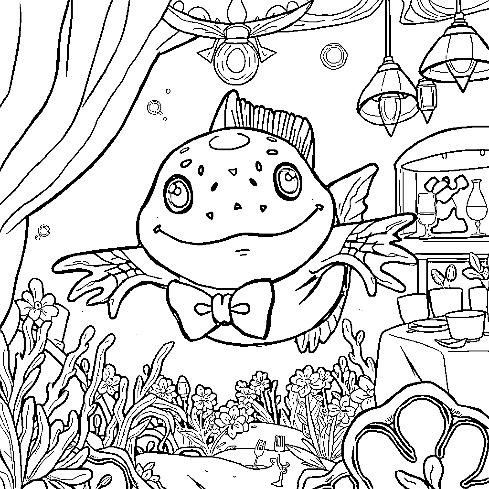 Axolotl playing in a whimsical underwater scene Coloring Page (free black-and-white line drawing printable PDF for all, from beginners to advanced learners, including children, teens, adults, and seniors)