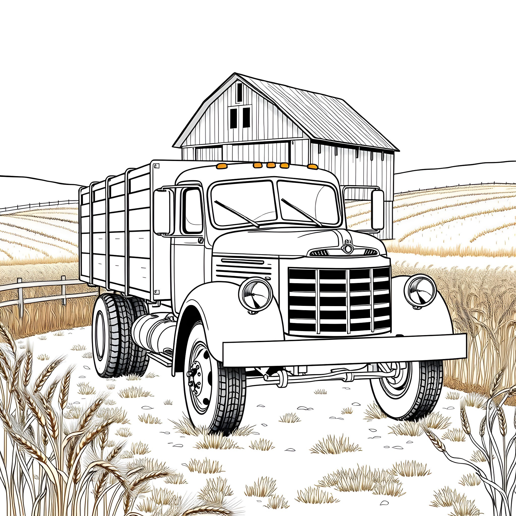 Grain Pickup Truck in Wheat Field with Barn Coloring Page (free black-and-white line drawing printable PDF for all, from beginners to advanced learners, including children, teens, adults, and seniors)