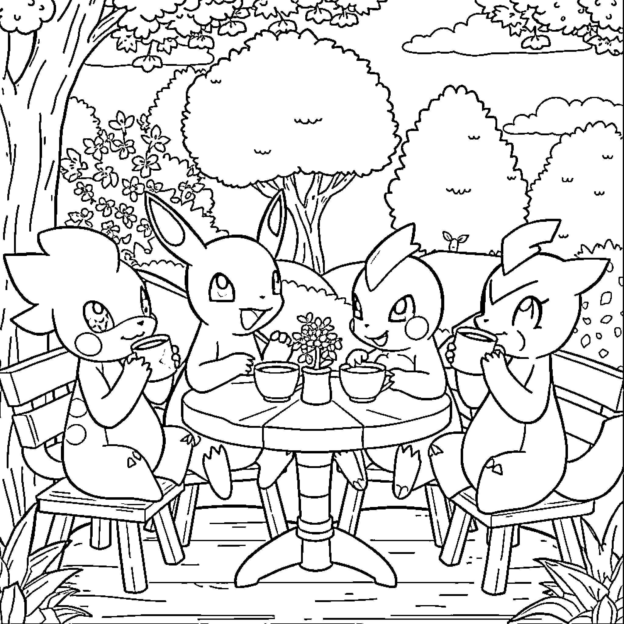 Pokémon characters having a picnic in the forest Coloring Page (free black-and-white line drawing printable PDF for all, from beginners to advanced learners, including children, teens, adults, and seniors)