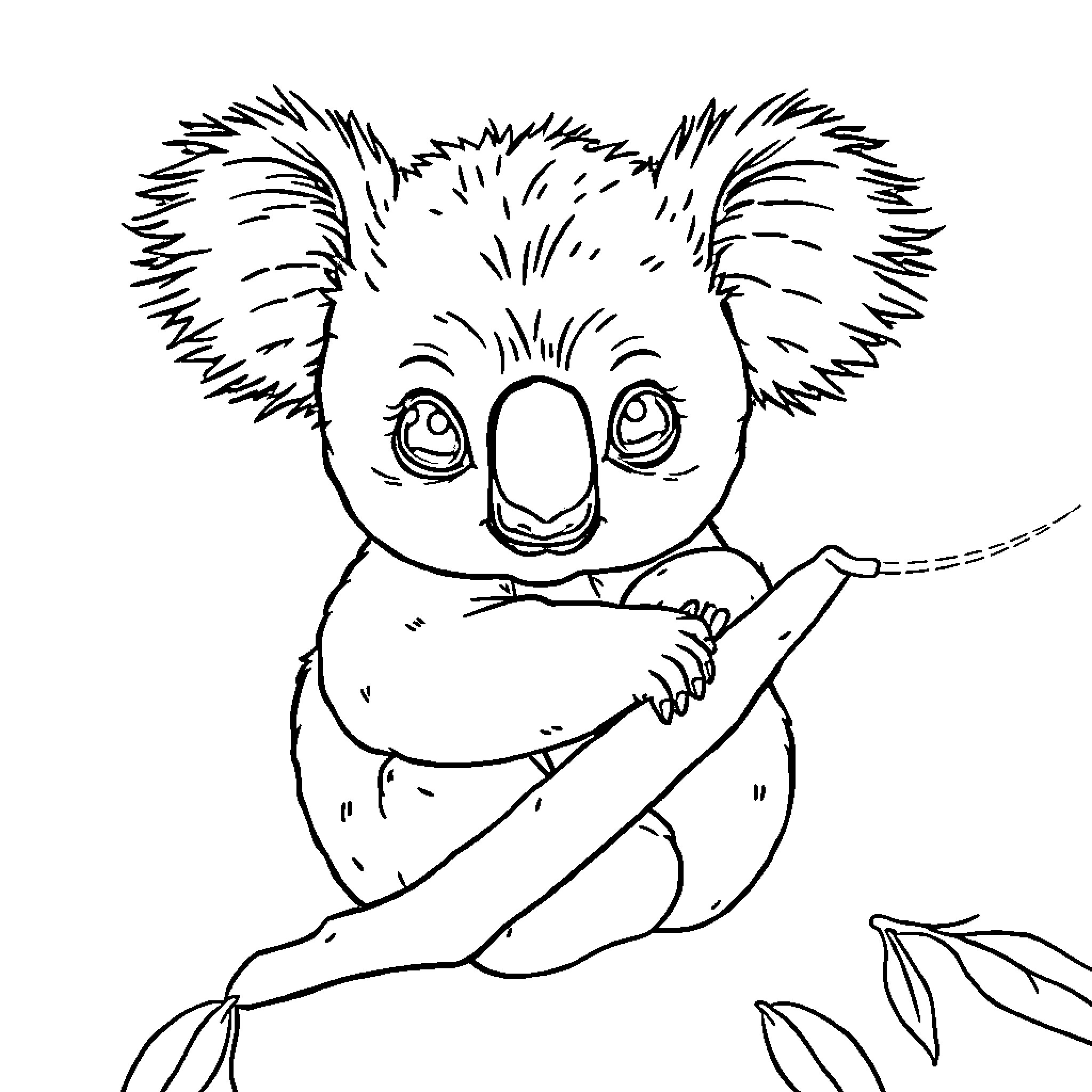 Koala clinging to branch with big eyes Coloring Page (free black-and-white line drawing printable PDF for all, from beginners to advanced learners, including children, teens, adults, and seniors)