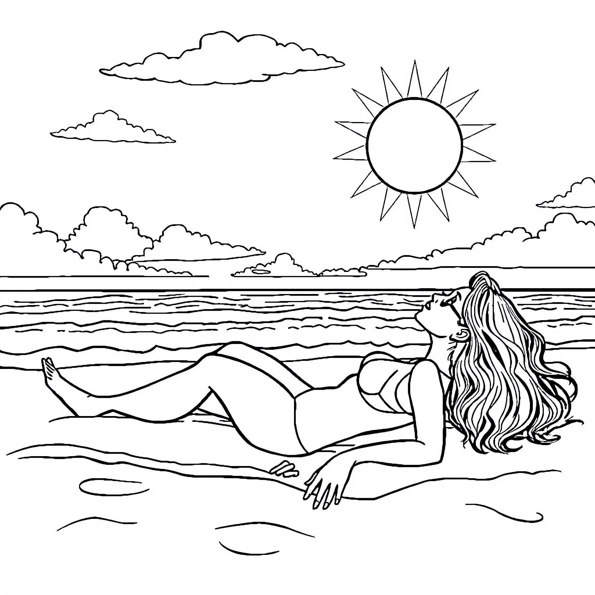 Woman relaxing on the beach with sun and clouds Coloring Page (free black-and-white line drawing printable PDF for all, from beginners to advanced learners, including children, teens, adults, and seniors)