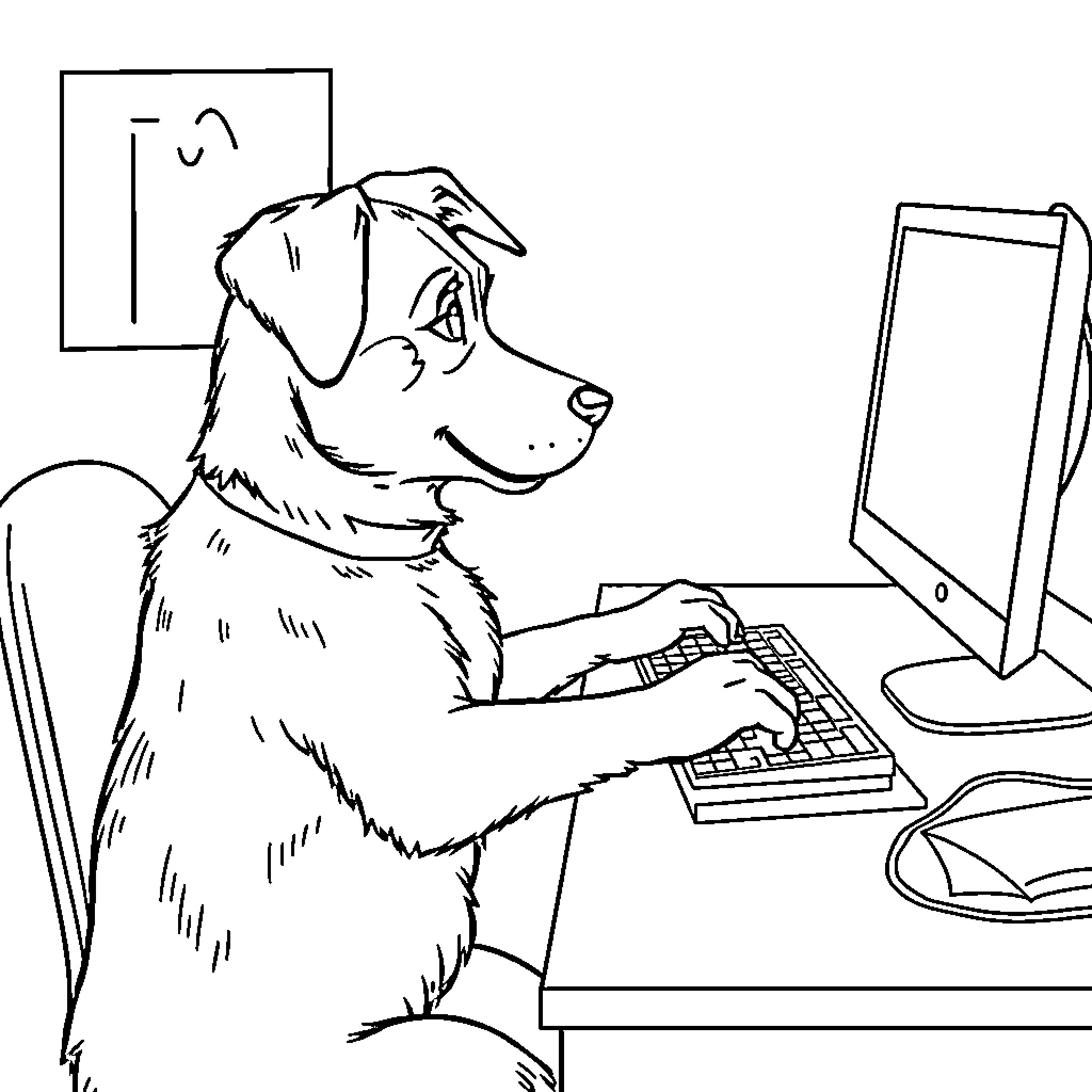 Dog working diligently on computer Coloring Page (free black-and-white line drawing printable PDF for all, from beginners to advanced learners, including children, teens, adults, and seniors)