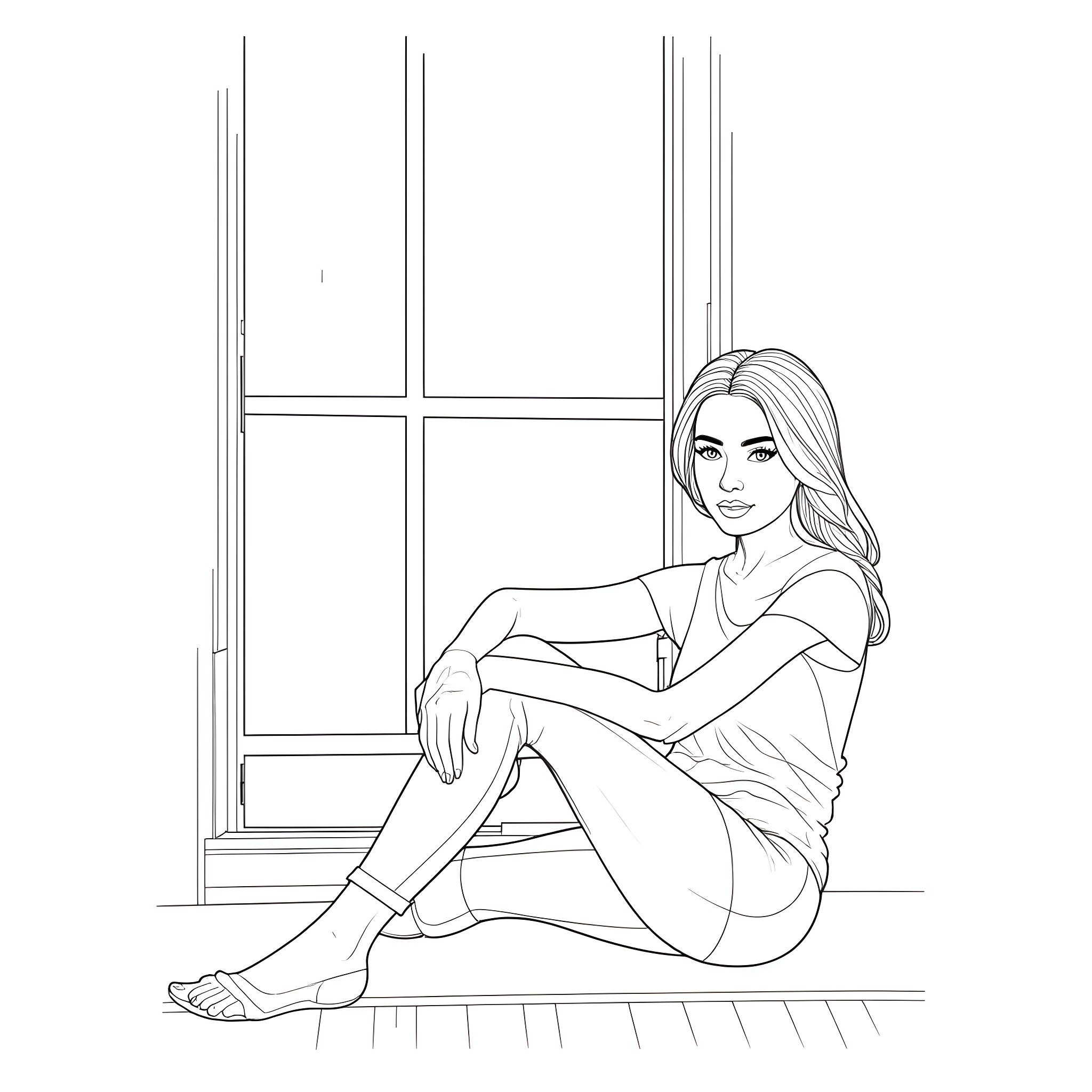 Model relaxing by the window Coloring Page (free black-and-white line drawing printable PDF for all, from beginners to advanced learners, including children, teens, adults, and seniors)